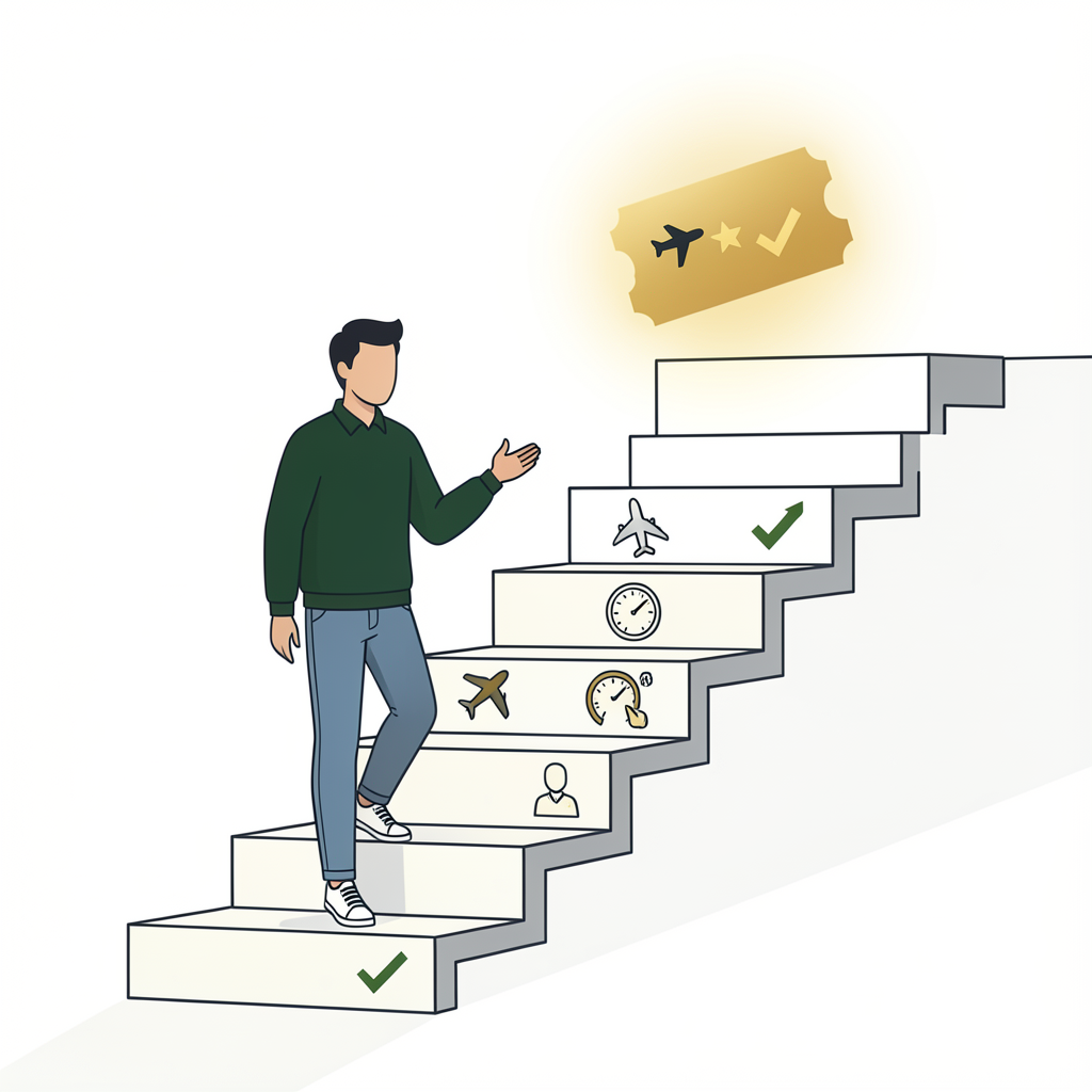 A person walking up stairs with icons representing travel and flight planning, such as an airplane, a clock, and a ticket, with check marks indicating progress or steps in the travel process.