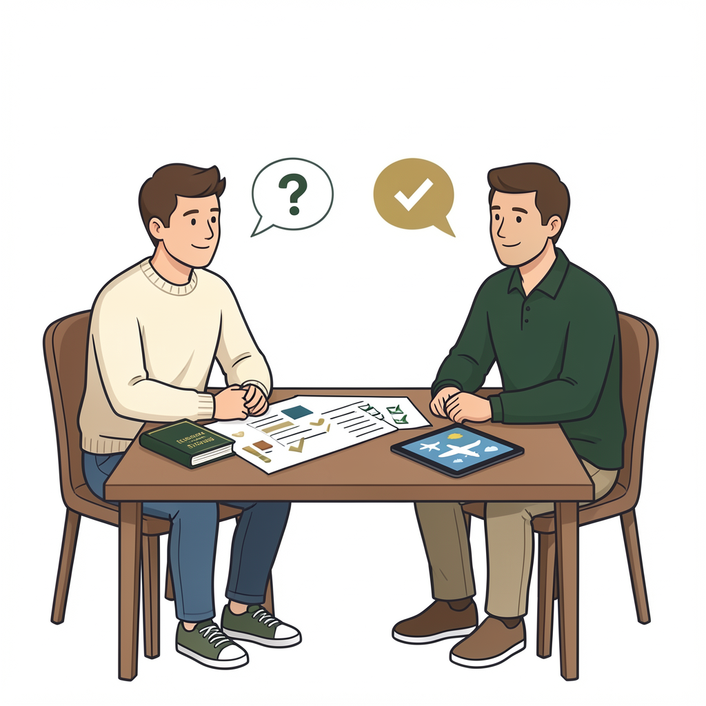 Two men are sitting at a table having a discussion about travel plans, with travel documents and a tablet showing an airplane icon on the table.