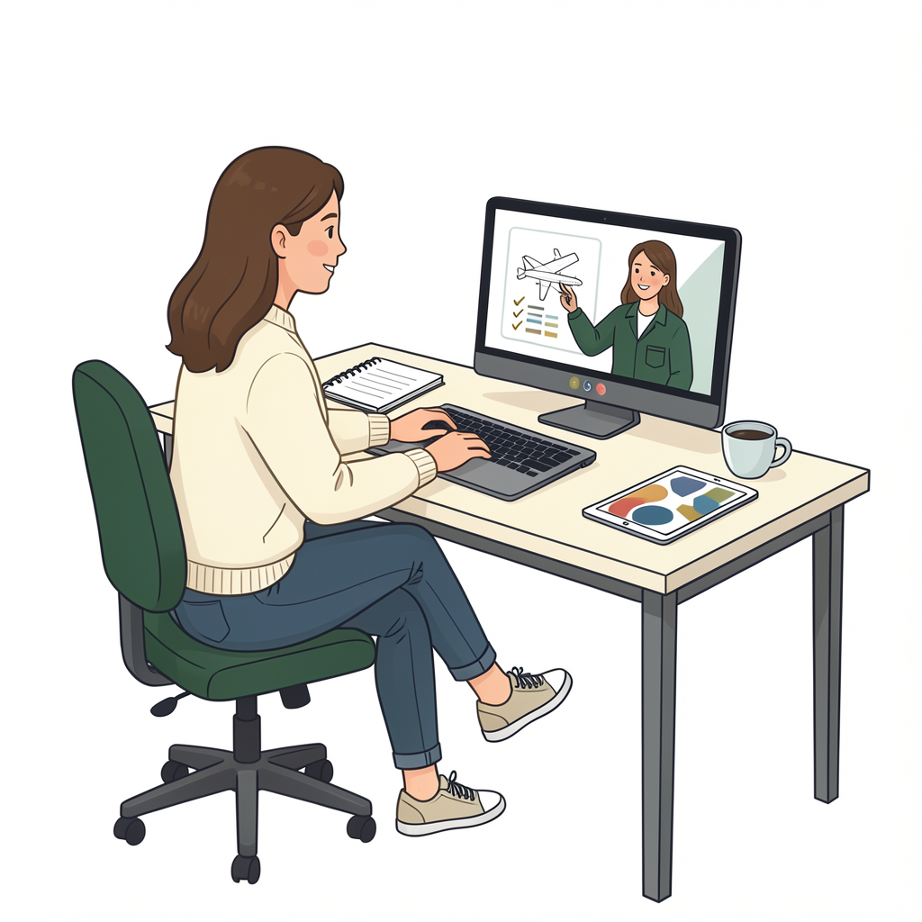 Woman on a video call with an instructor showing airplane diagrams; desk with a notebook, palette, and coffee mug.