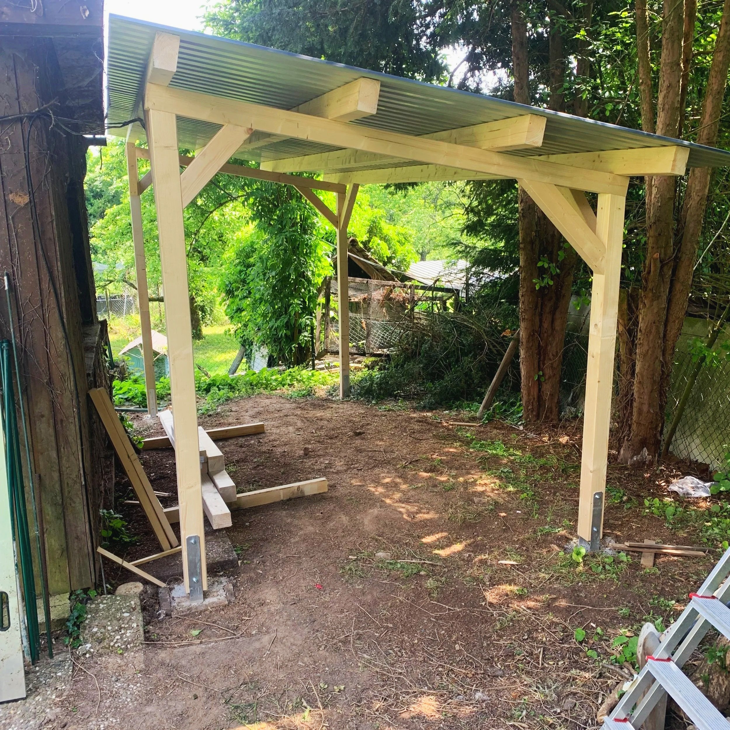 A wooden frame structure with a corrugated metal roof in a backyard with trees and greenery.