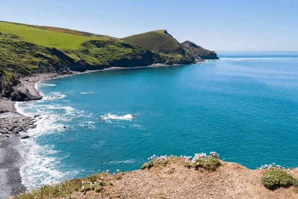 Coastal landscape with cliffs, green hills, and blue ocean