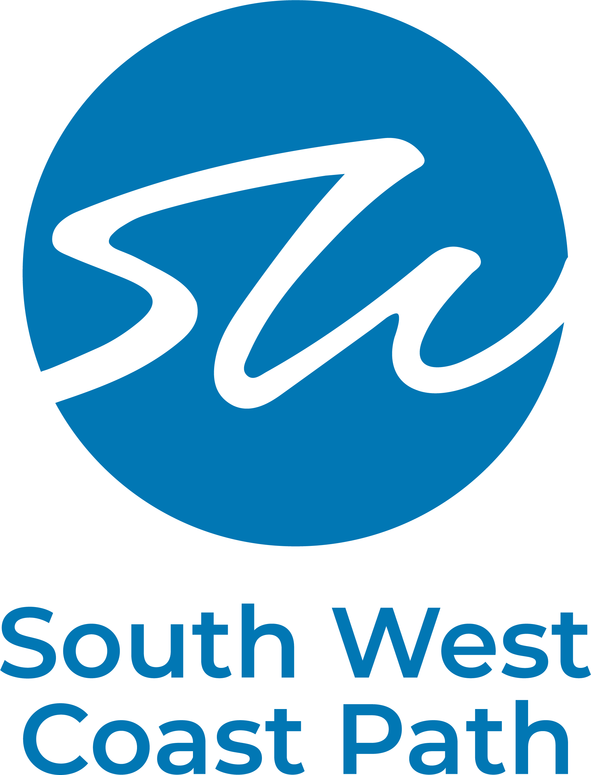 Logo of South West Coast Path with white cursive letters on a blue circular background and blue text beneath.