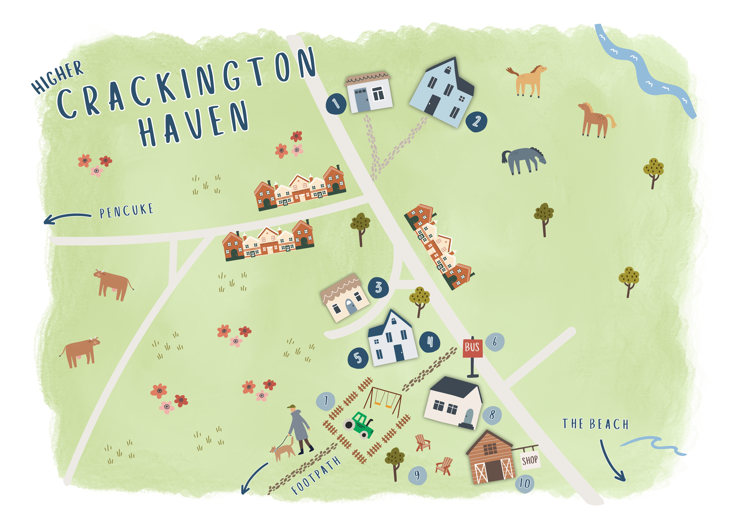 Map of Crackington Haven showing houses, trees, animals, playground, bus stop, shops, footpath, and directions to Pencuke and the beach.