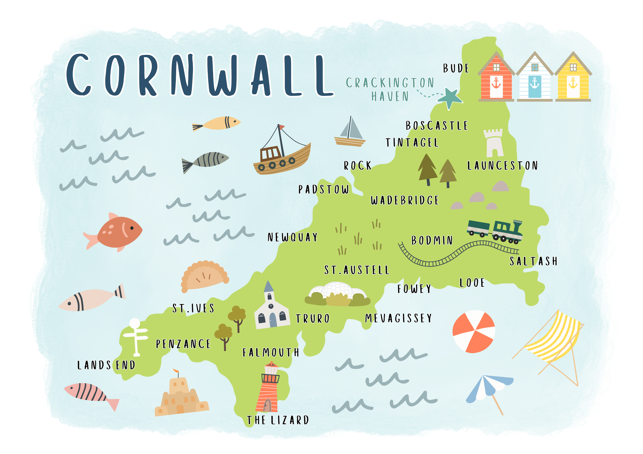 A colorful illustrated map of Cornwall, showing towns, landmarks, and seaside attractions, including ships, a lighthouse, beach umbrellas, and various coastal features.