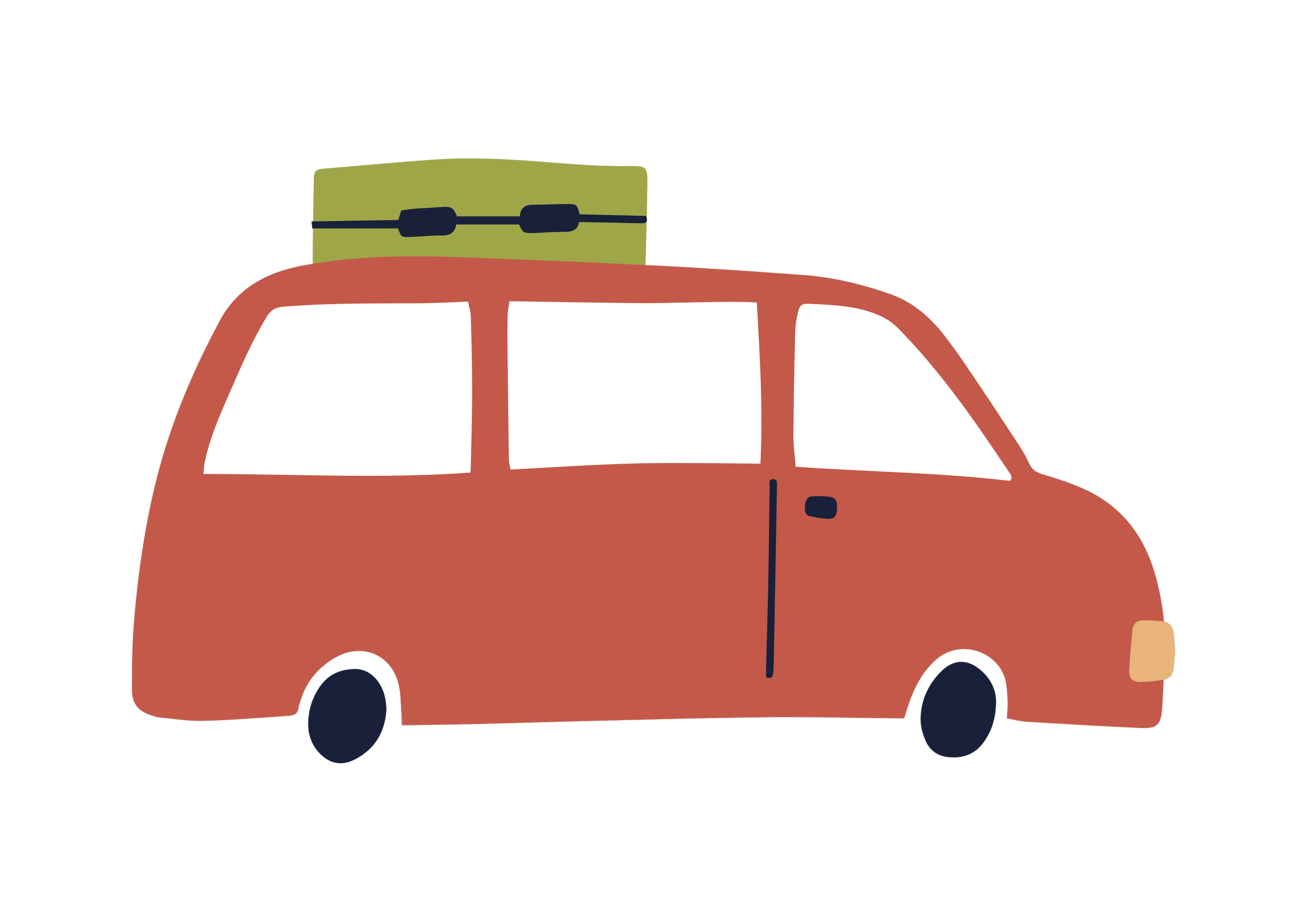 A cartoon-style red van with a large window, dark wheels, and a beige front headlight. There is a green cargo box attached to the roof of the van.