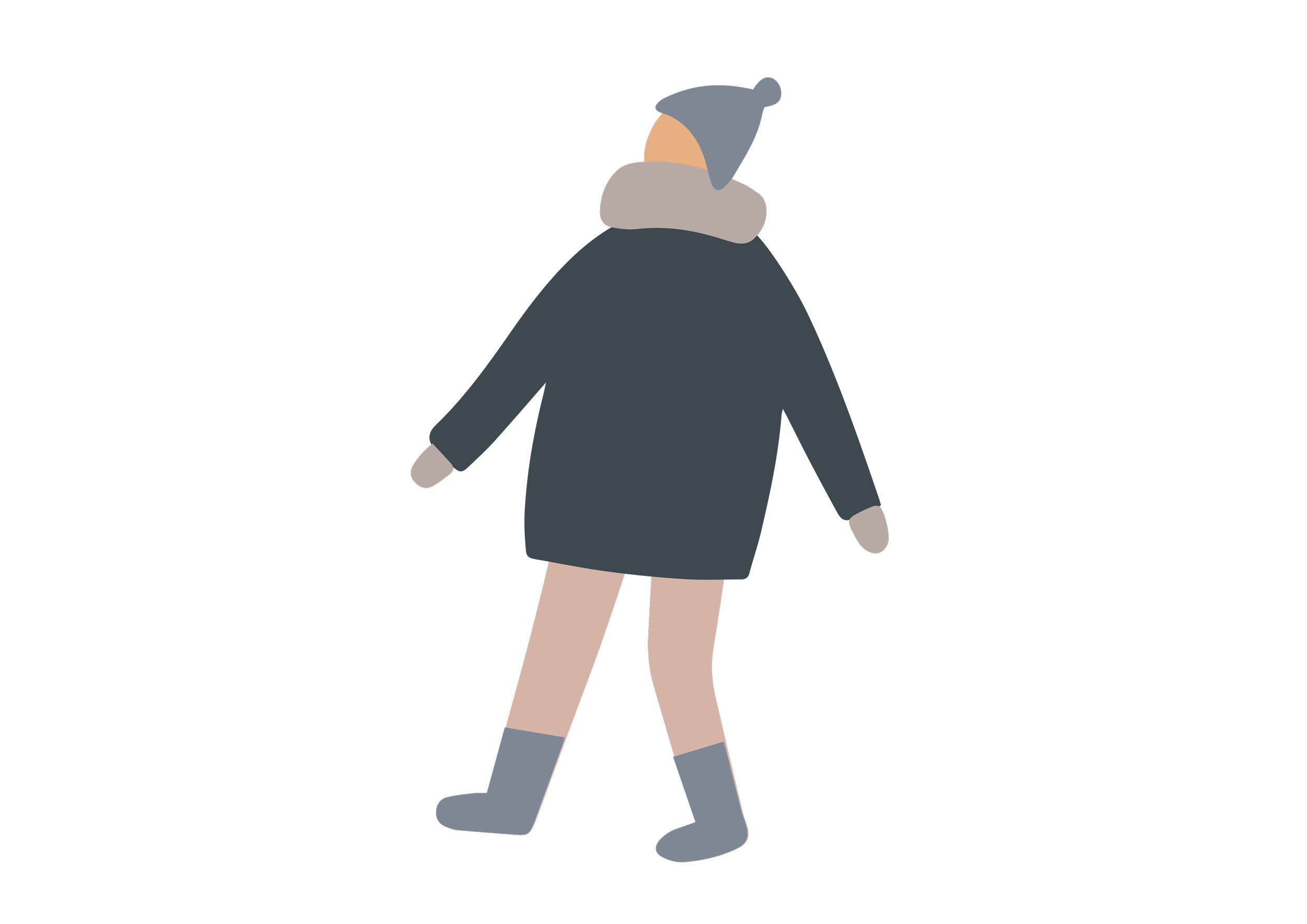 Illustration of a person dressed in winter clothing, including a blue hat with a pom-pom, gray scarf, gray gloves, a dark coat, and gray boots, standing against a black background.