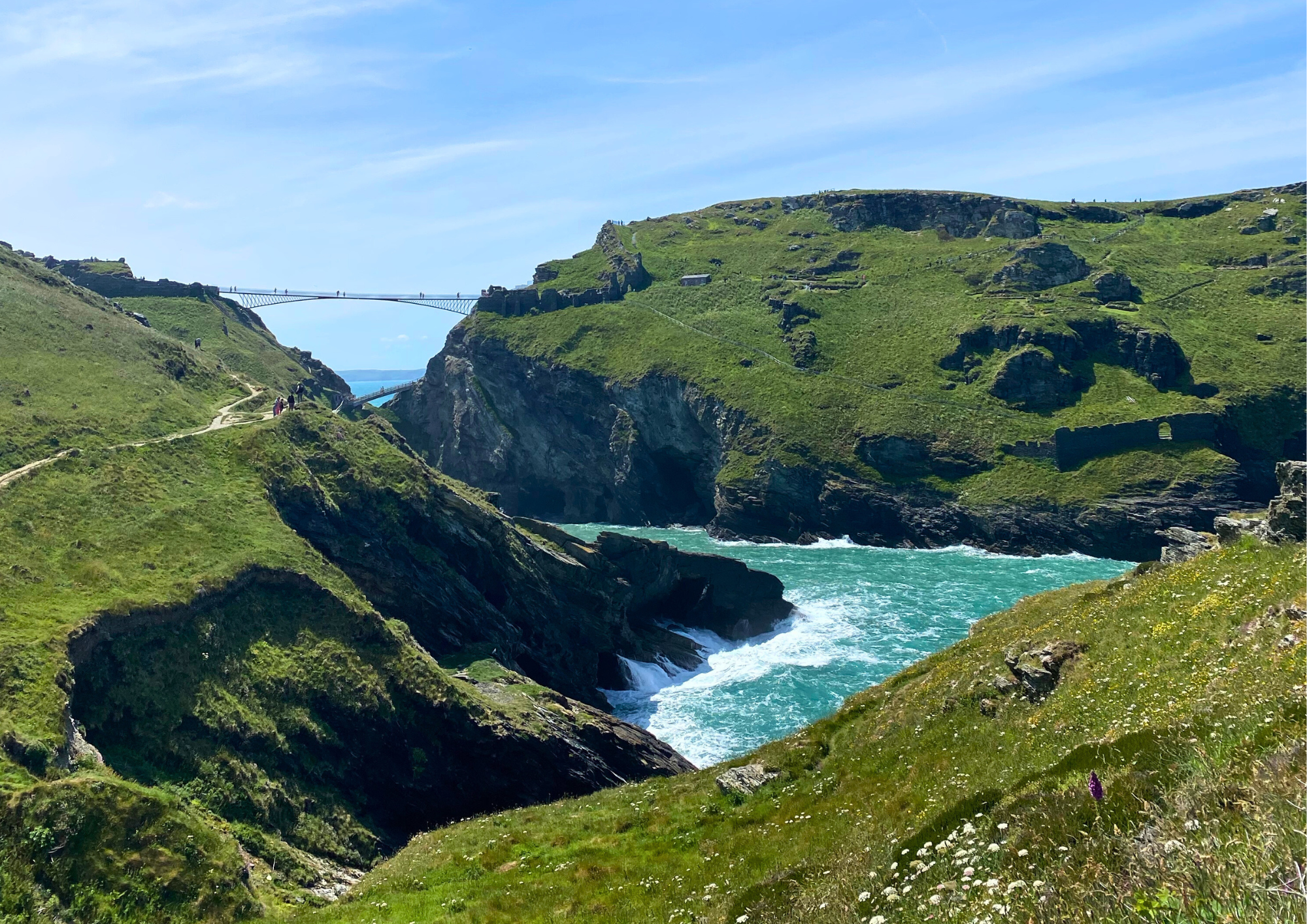 Scenic view of green hills with a bridge in the background over a rocky, turbulent river under a partly cloudy sky.