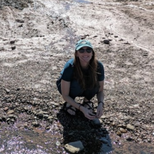 Woman wearing sunglasses, a hat, and a backpack, crouching near a rocky stream in a dry, rocky landscape.