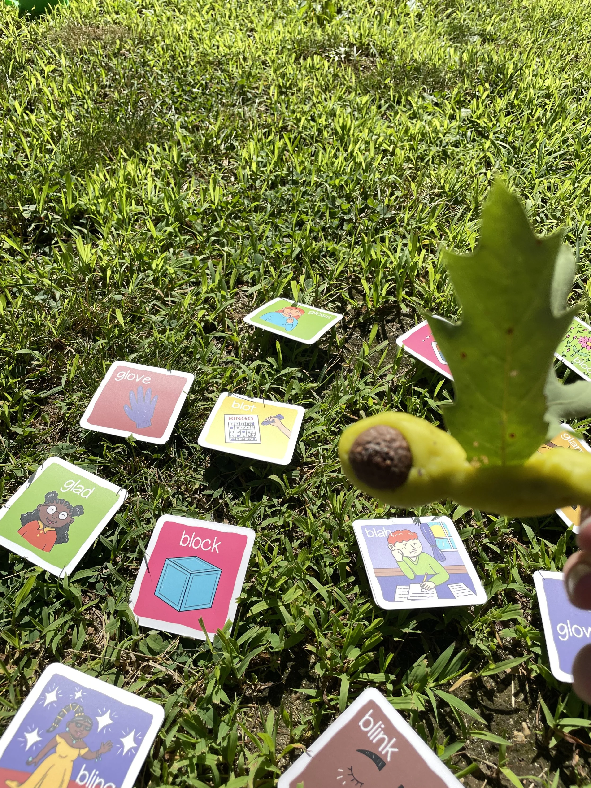 Speech sound cards are spread out on a grassy lawn with a hand flying a playdough dragonfly, with wings made of leaves and eyes made out of acorn caps.