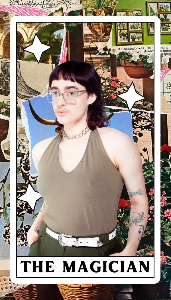 A tarot card that says the Alchemist featuring a picture of Aryn Scanlon against a collage background.