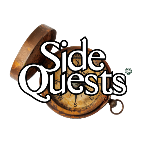 The Side Quests logo is an old antique compass with the words SIDE QUESTS in white font over it.
