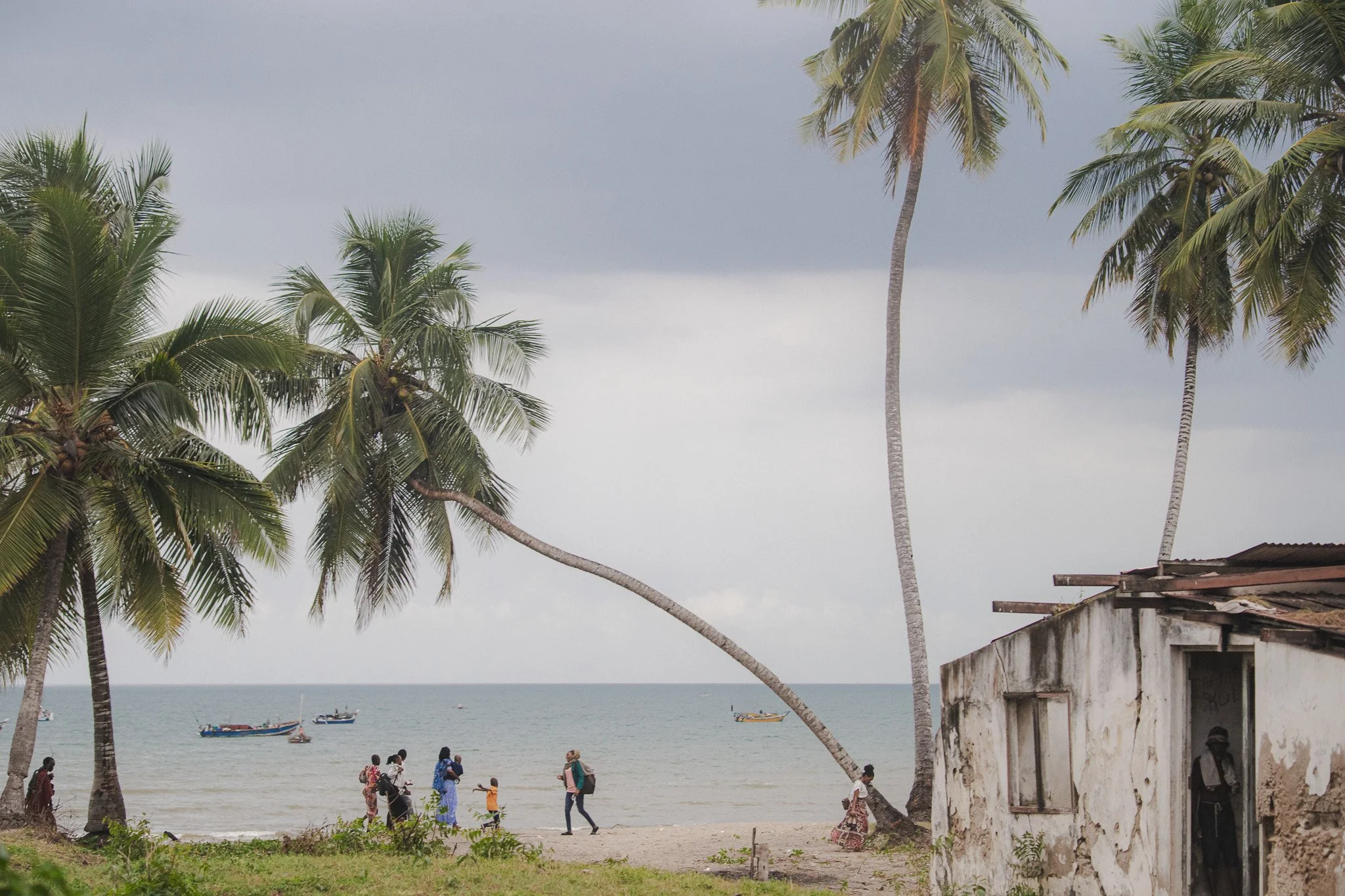Beach scene with tall palm trees, an old dilapidated building on the right, and people walking along the shoreline near boats in the water, under cloudy sky.