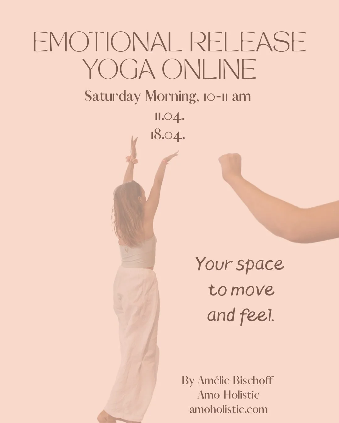 ✨Emotional Release Yoga Online✨
Two dates - Saturday, 10-11 am
&bull;April 11th
&bull;April 18th 

Practice live online or receive a recording.

&bull;Single class: &euro;15
&bull;Package (both sessions): &euro;25

👉🏼Register by DM or mail to
 info