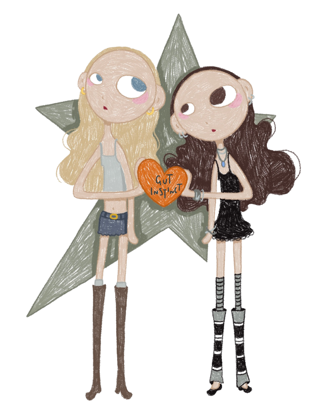 Two illustrated girls holding a heart-shaped sign that reads 'Gut Instinct', standing in front of a large star.