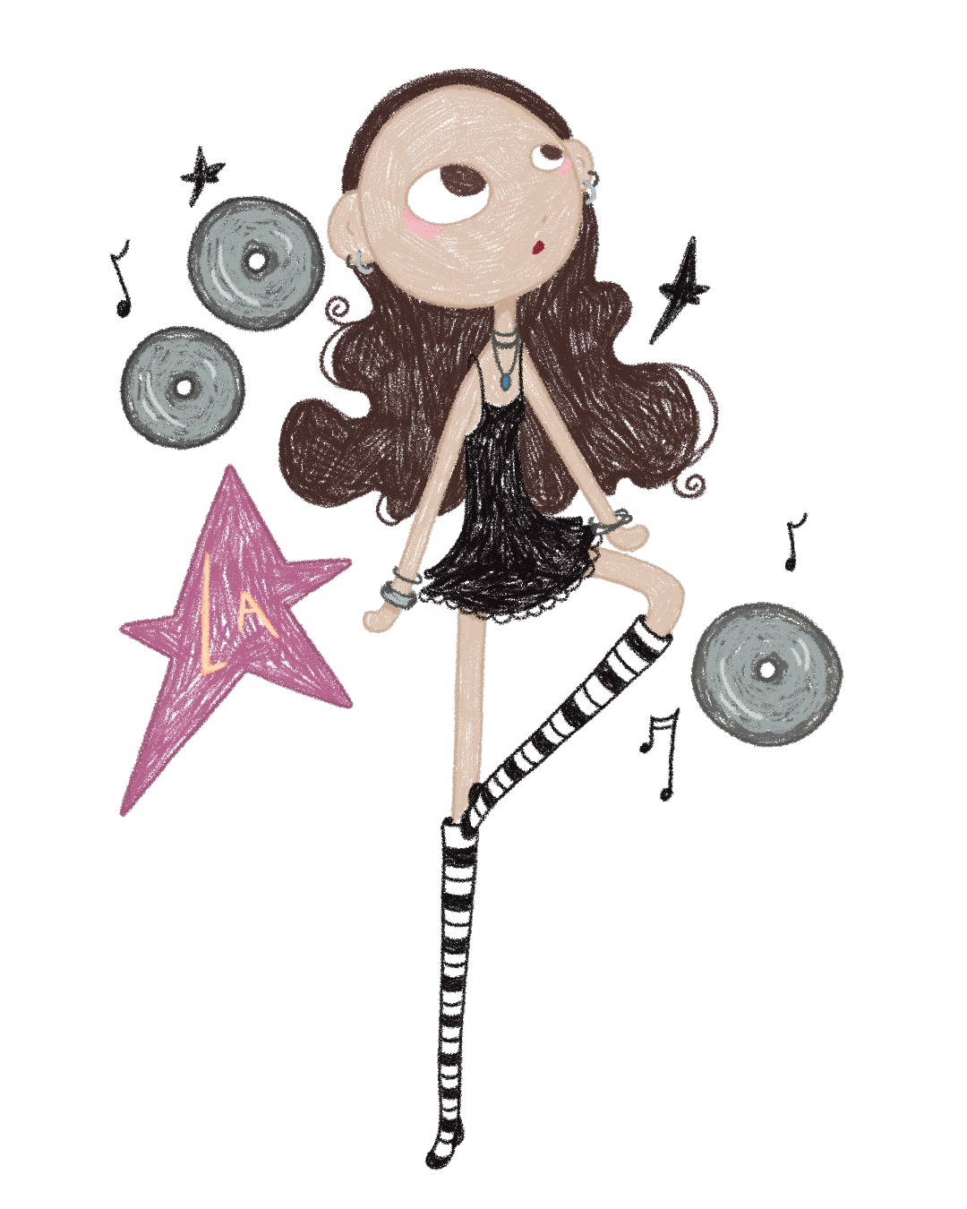 A cartoon girl with long brown hair wearing a black dress and striped knee-high socks, balancing on one foot, surrounded by pink star and gray circular objects.