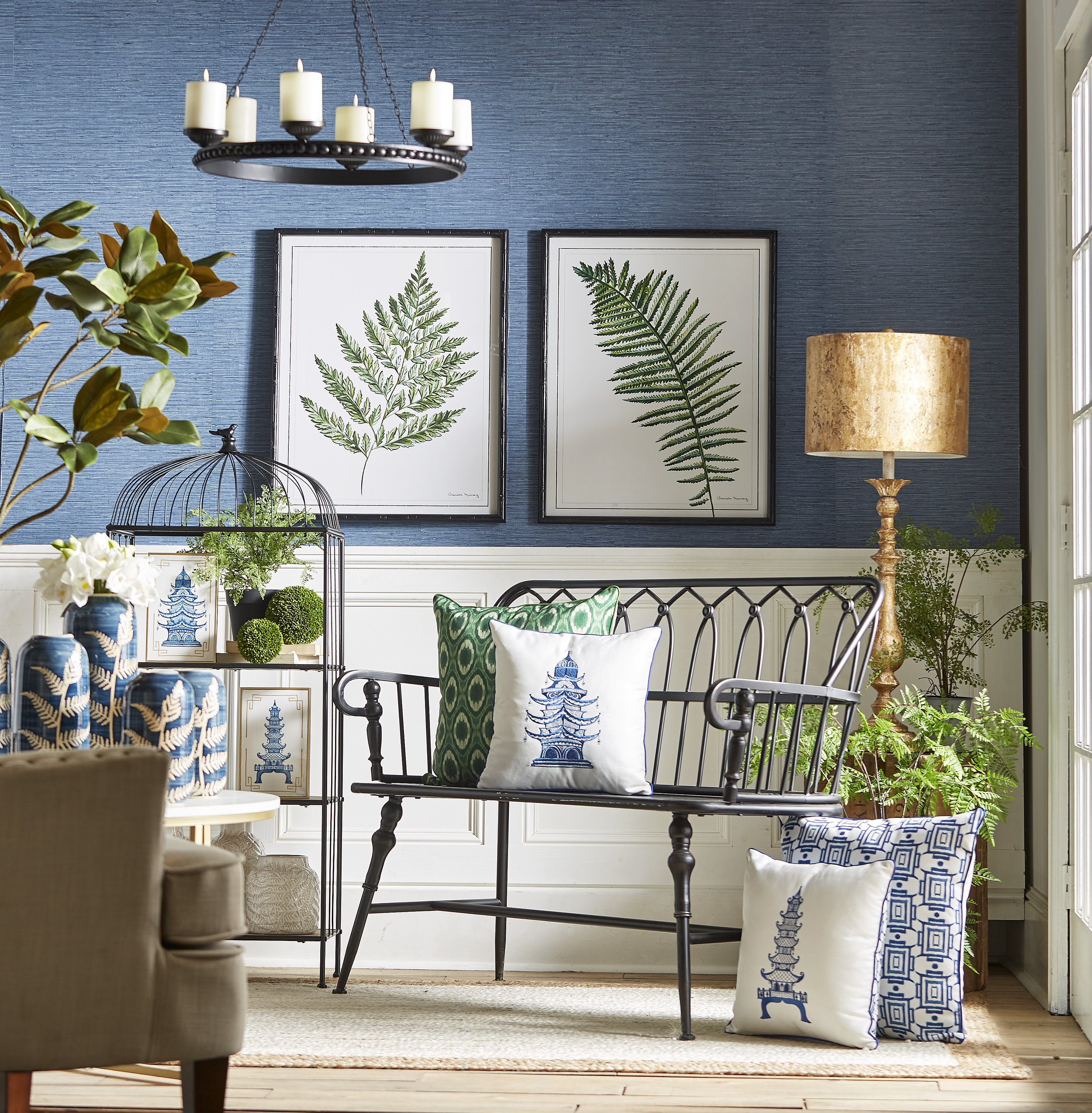 sunroom, metal bench, fern prints, ferns, blue decor