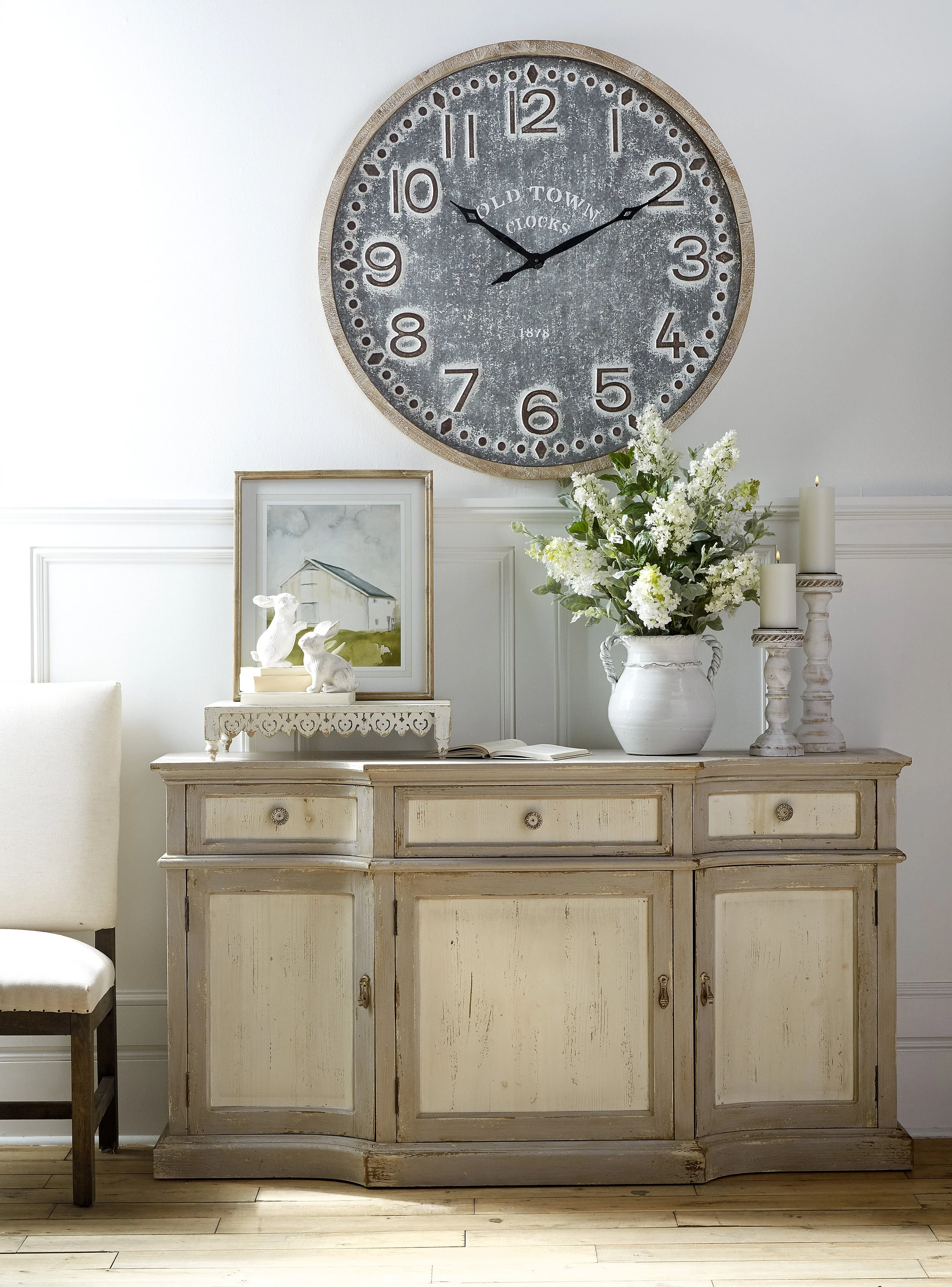 storage solutions, side table, dining room decor, large clock, organic decorating