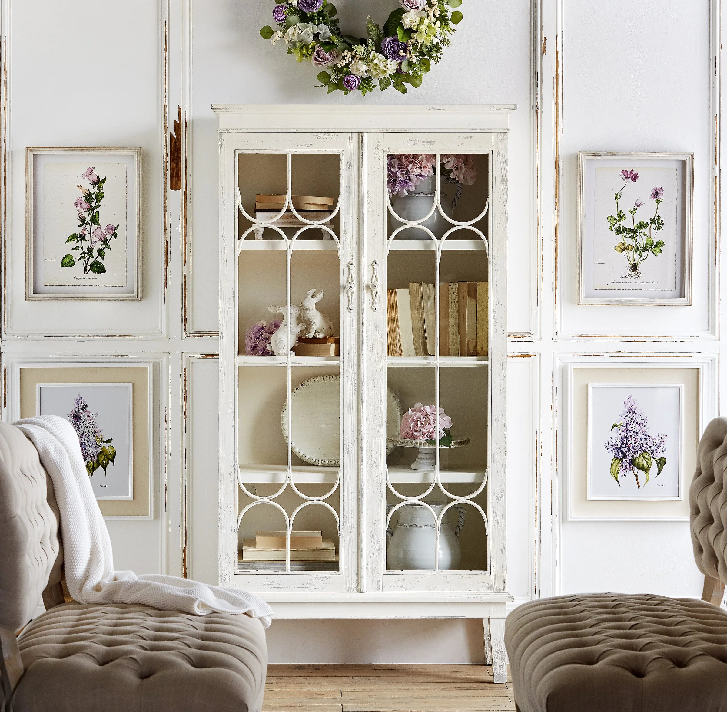 armoire, white room, neutral color pallette, floral prints, wreath