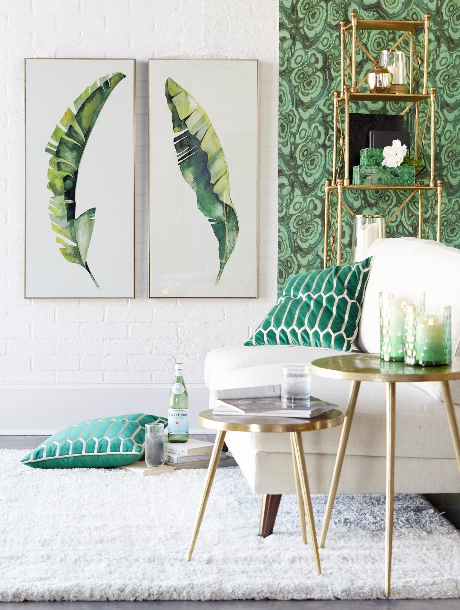 pop of color, green decor, green pillows, lounge area, green and white decor