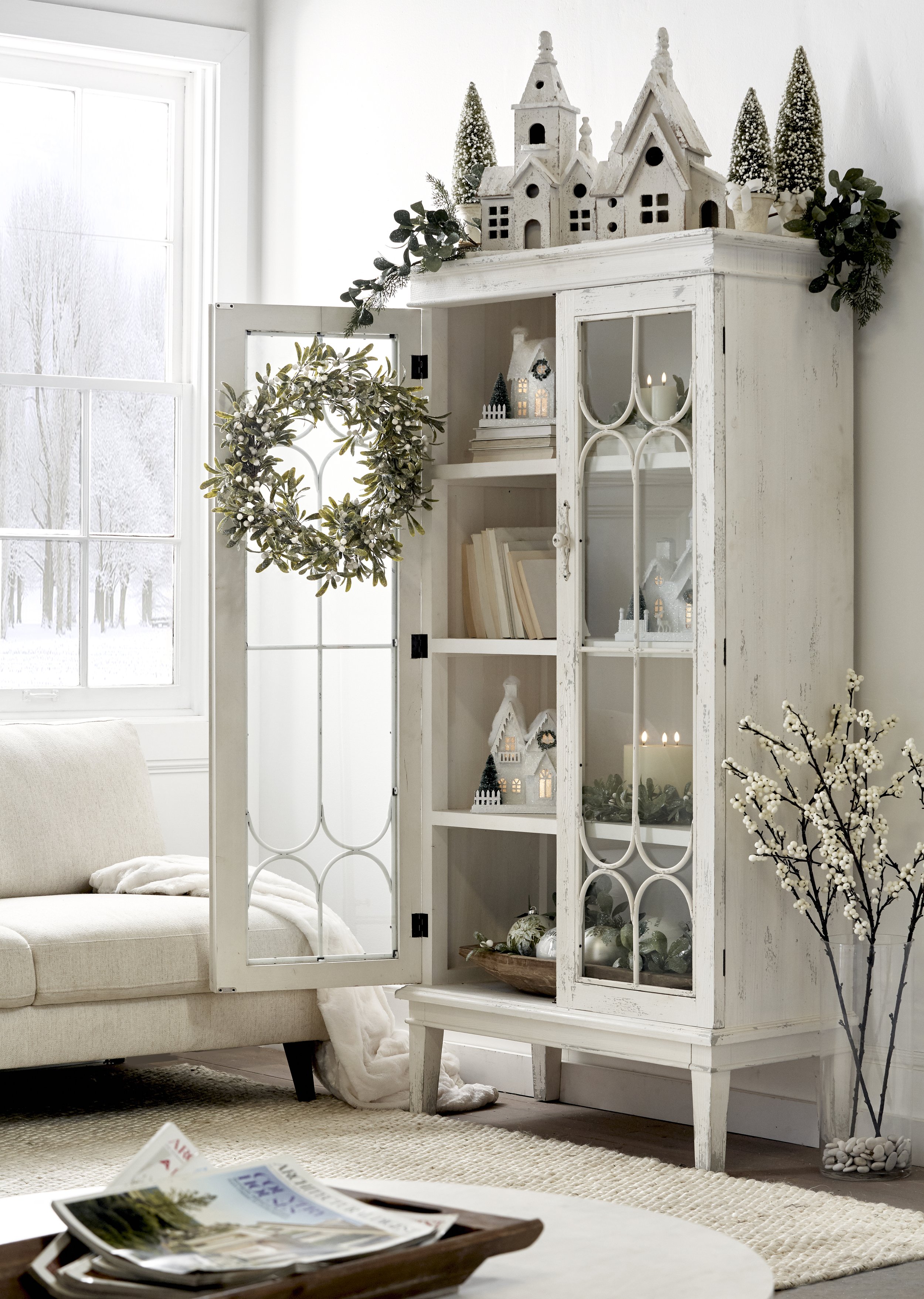 armoire, christmas decor, holiday decor, winter decorating, storage solutions, white decor, neutral color pallette