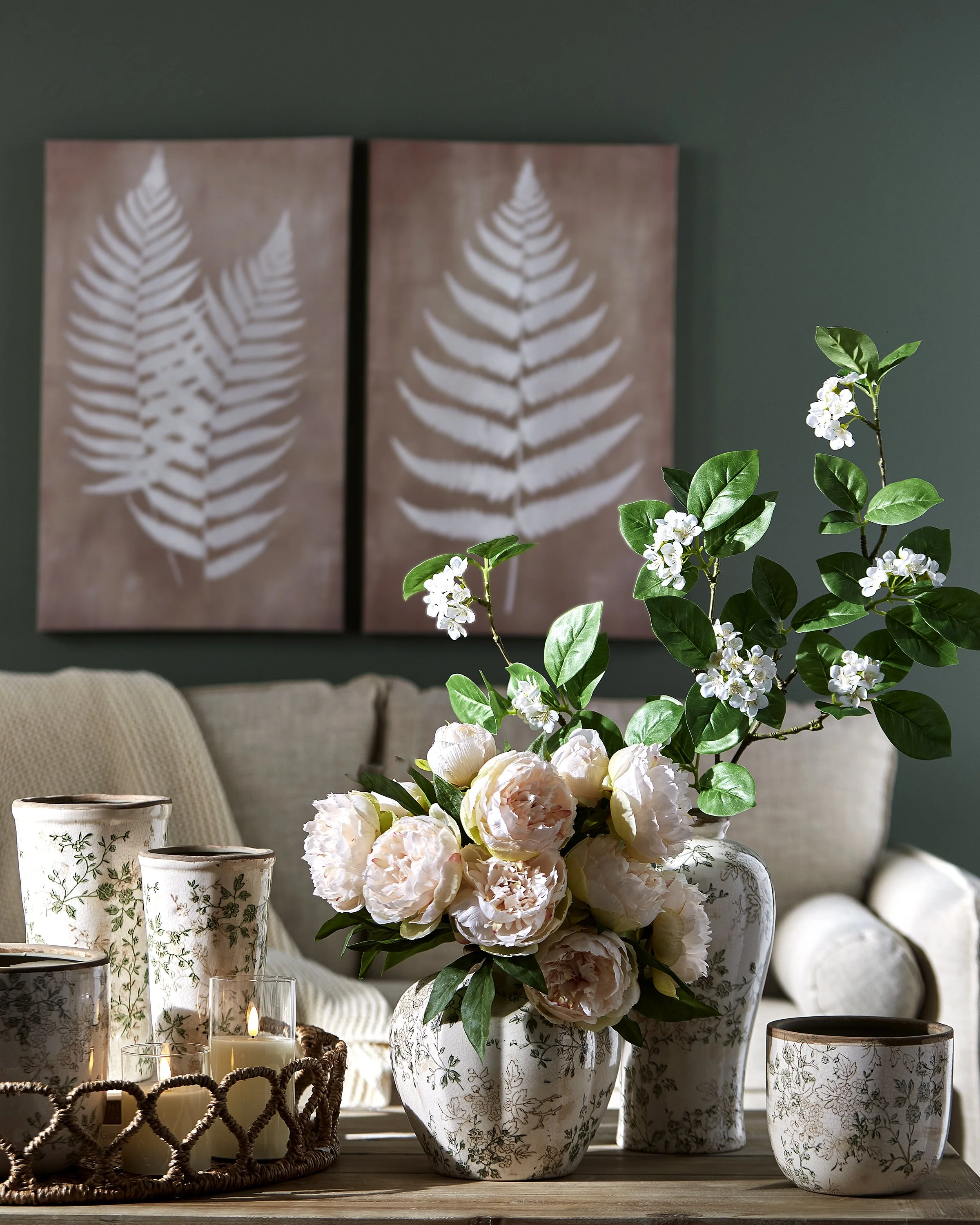 flowers in a living room, fern prints, natural decorating, organic decorating