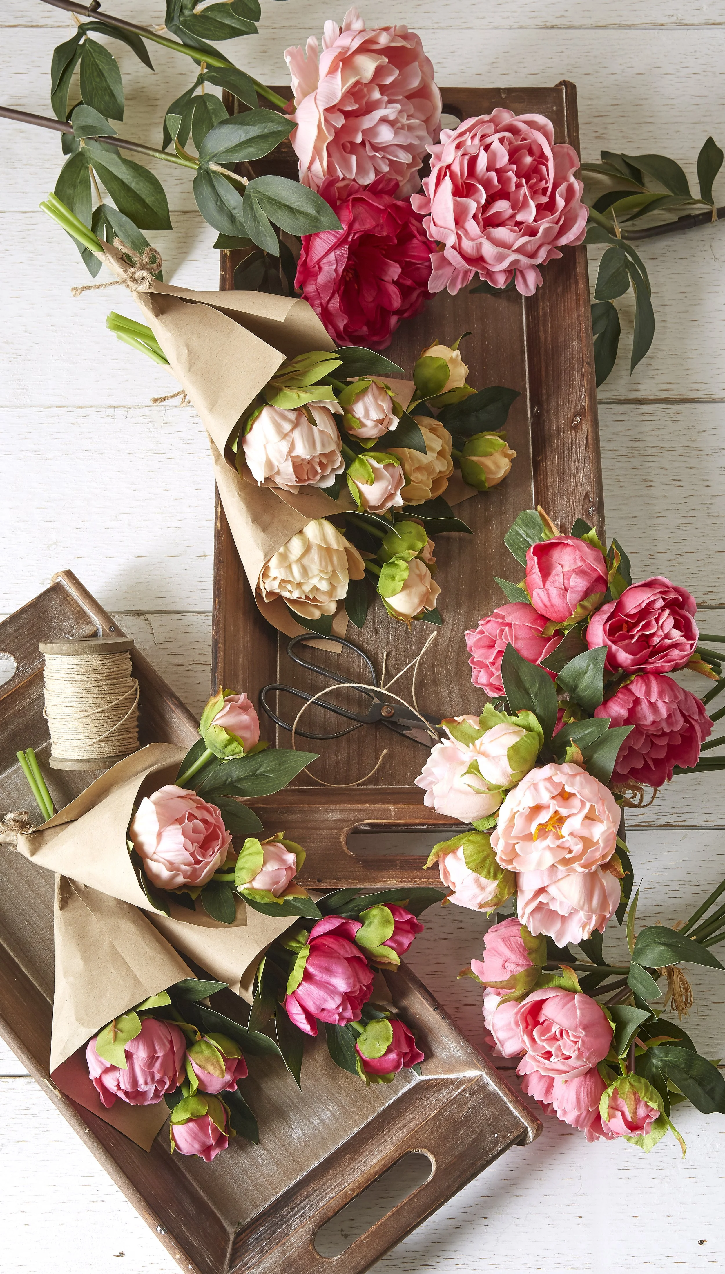 peonies in brown paper, garden shed, flower shop, roses in paper bag