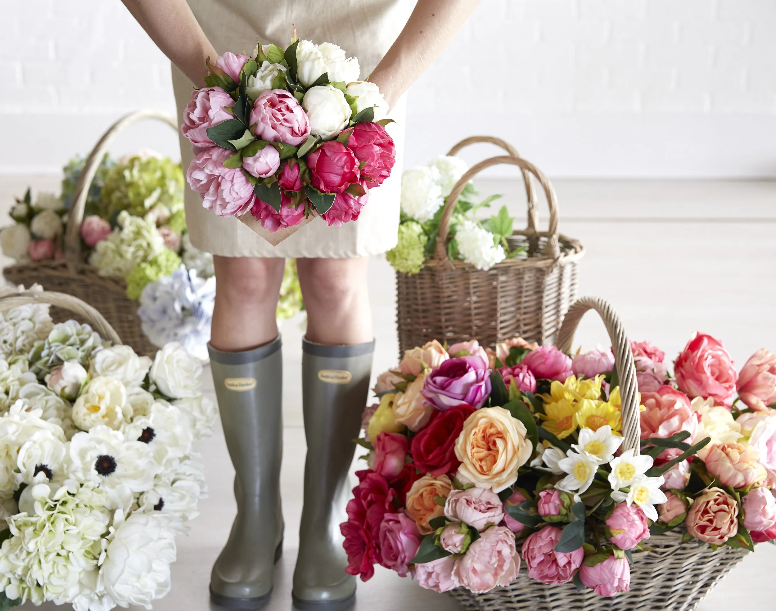 flower market, flowers in baskets, Smith and Hawkin boots, silk flowers