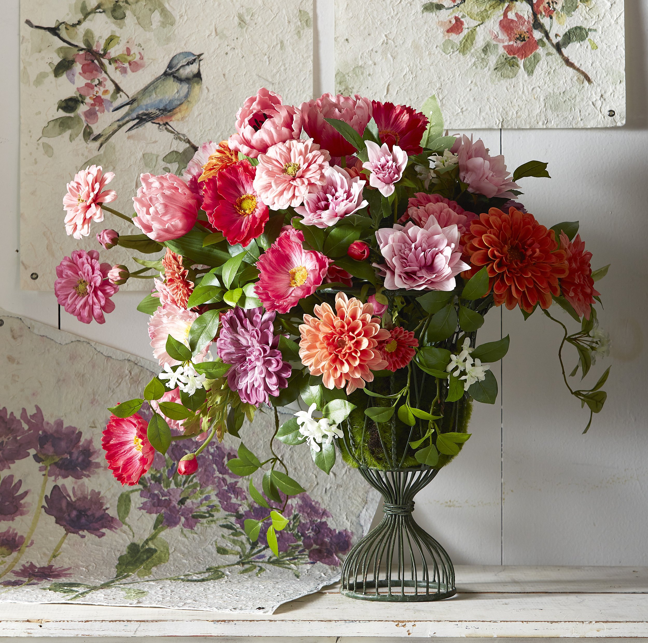 floral display, flowers in a vase with watercolor artwork