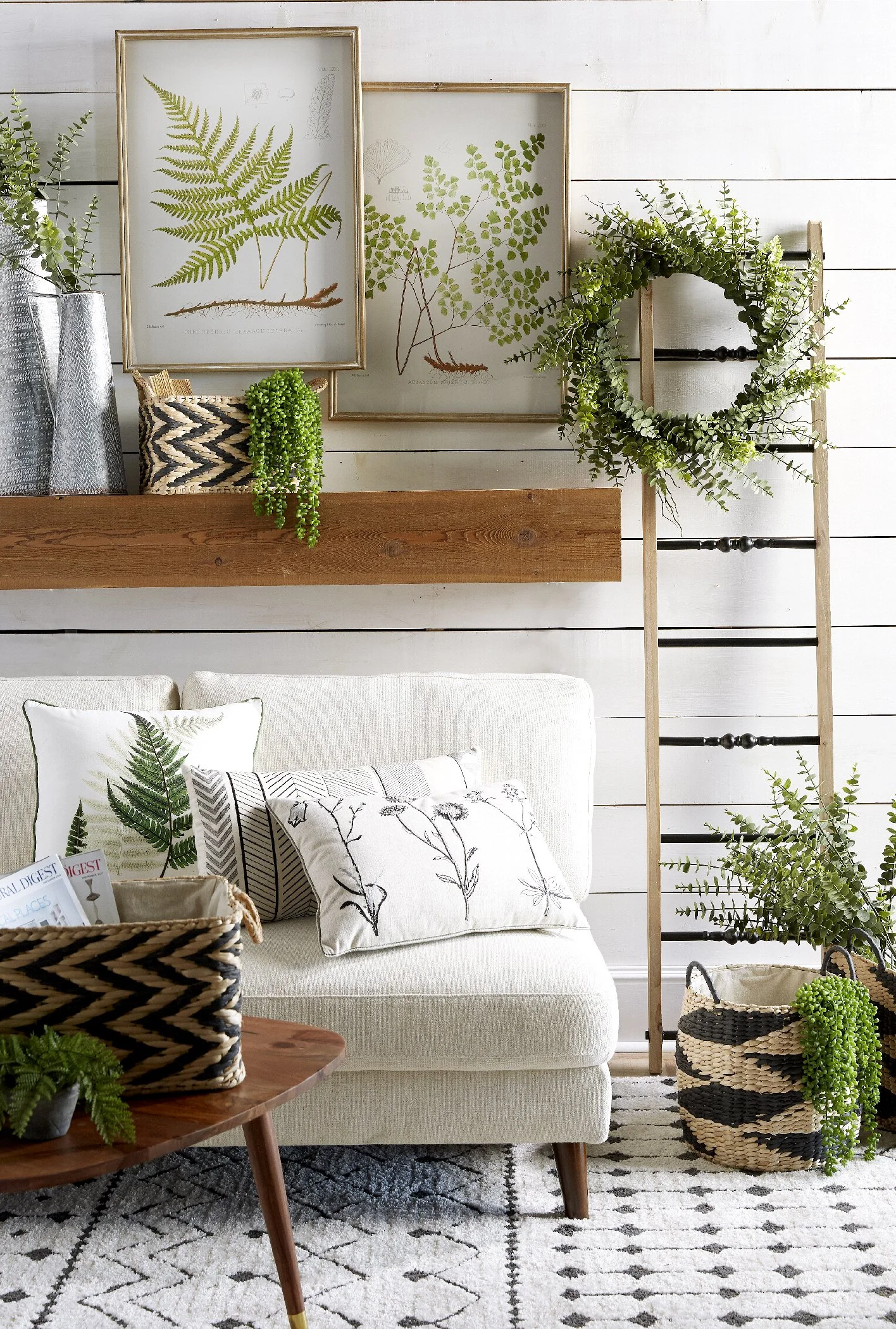 shiplap, ferns, white sofa, neutral color pallette, ladder for decor, fern prints, white rug