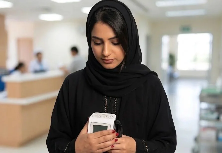 A woman in black clothing looking at a blood pressure monitor in a healthcare setting.