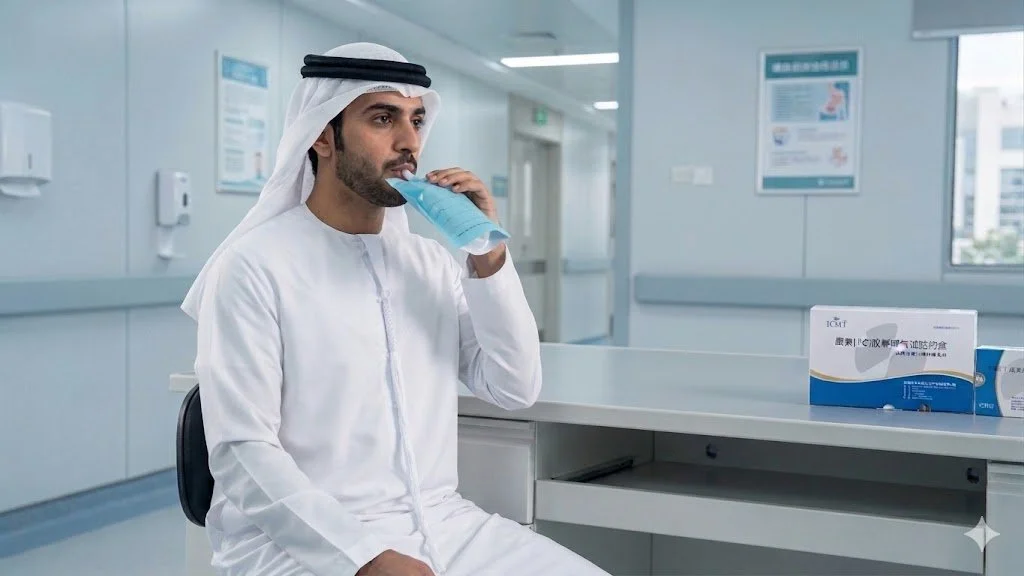 A man in traditional Middle Eastern attire, including a white thobe and black agal, sitting in a hospital or clinic waiting area, drinking water from a plastic bottle.