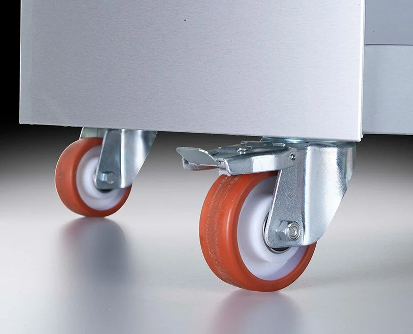 Heavy-duty casters on the Giotto oven's built-in stand for easy mobility in the kitchen.