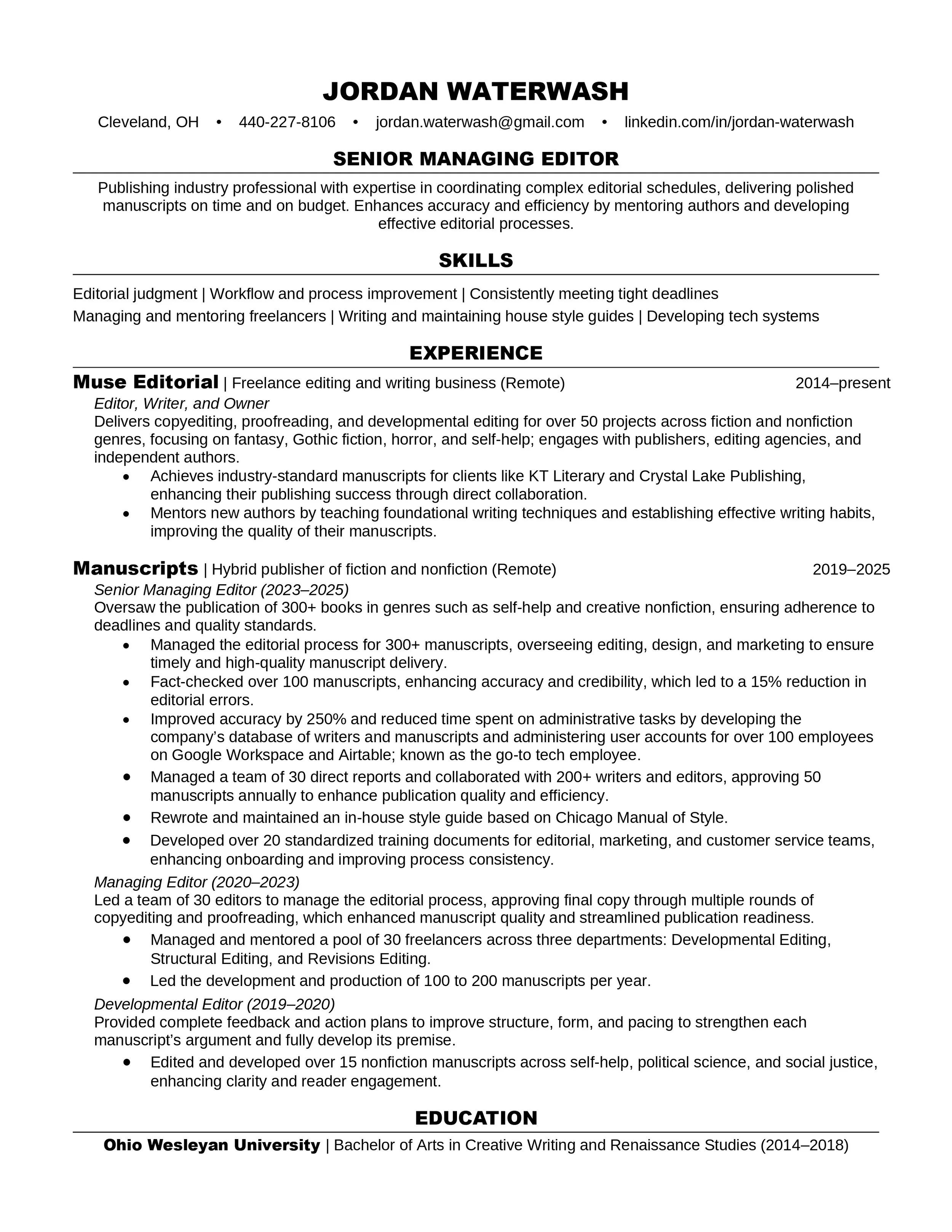 Resume describing the work of Muse Editorial LLC creator Jordan Waterwash.