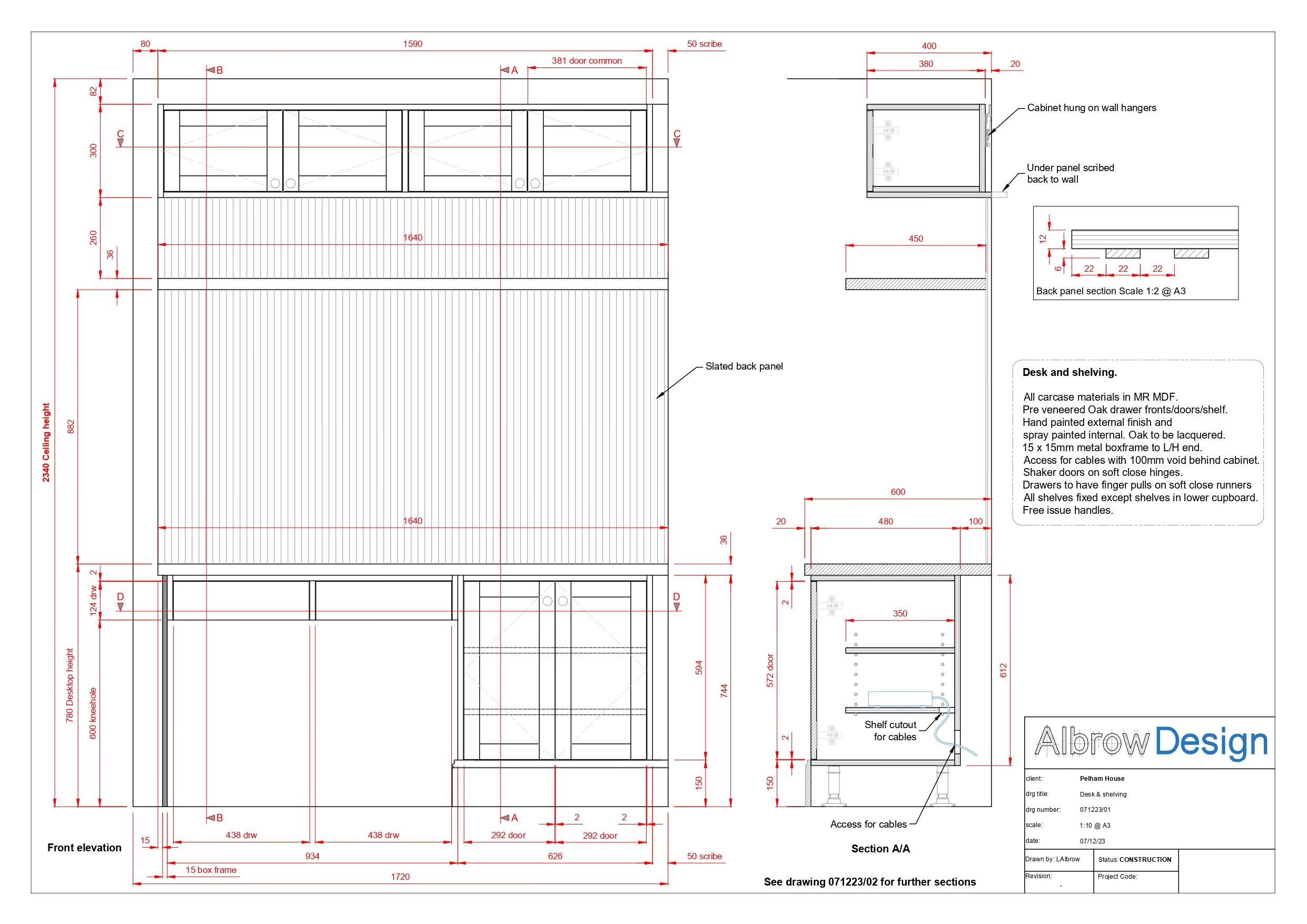 A scaled AutoCAD working and sign-off drawing showing a bespoke fitted home office desk and cupboards. For interior designers, joinery and furniture manufacturers and private individuals.
