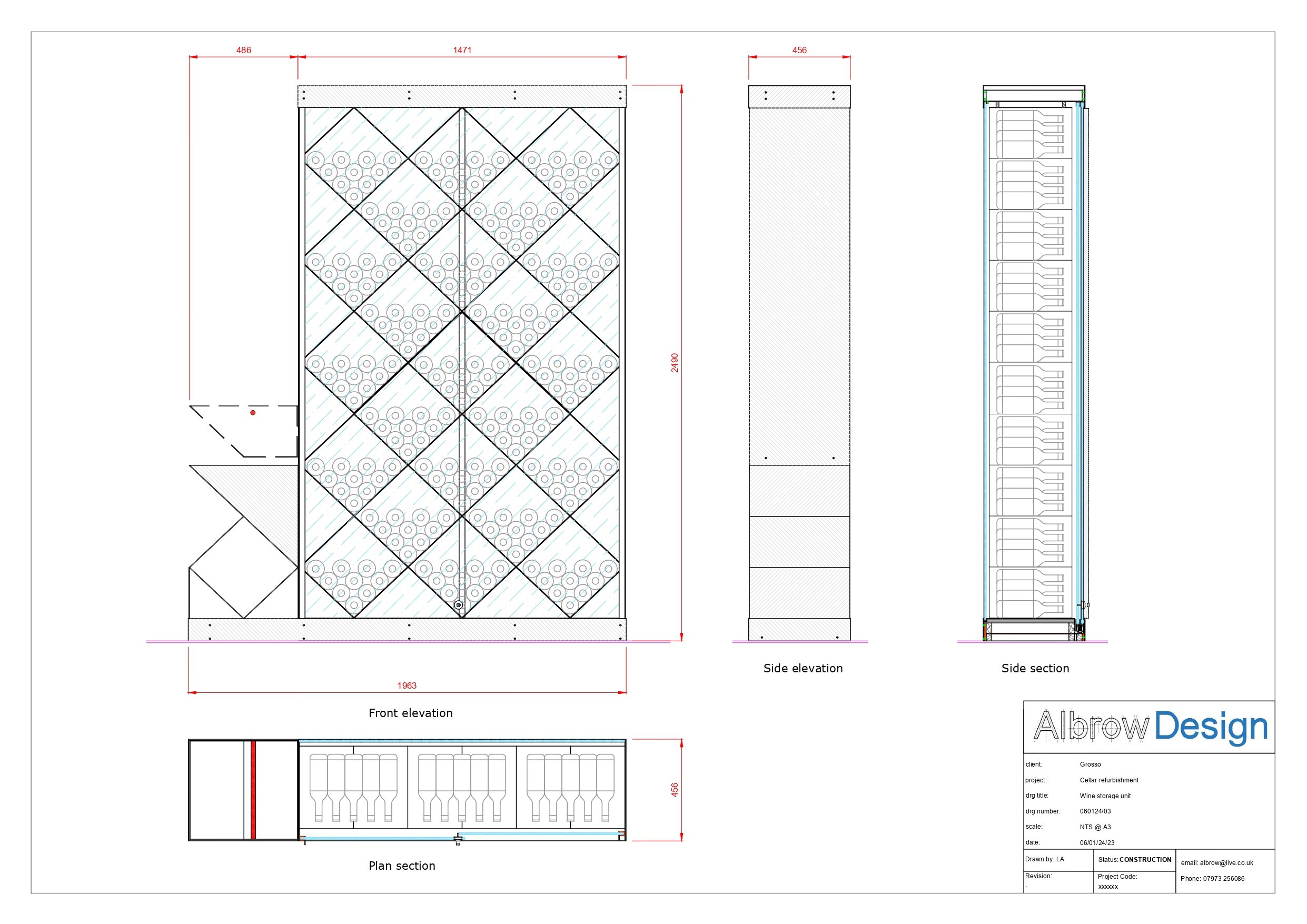 A scaled AutoCAD drawing showing a bespoke metal fabricated wine storage unit for interior designers, joinery and furniture manufacturers and private individuals.