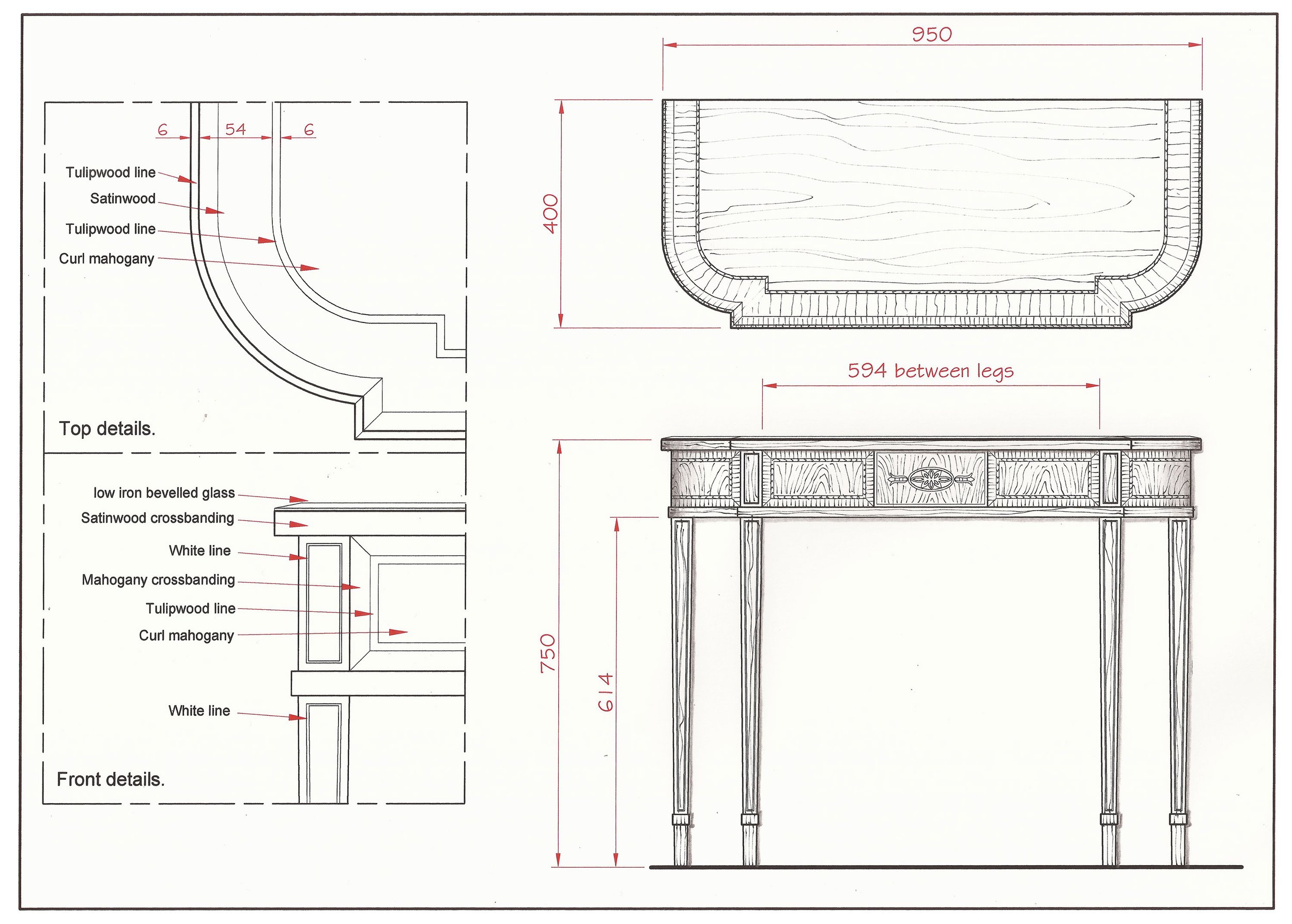 A scaled AutoCAD and hand sketched drawing of a bespoke hand veneered console table. For interior designers, joinery and furniture manufacturers and private individuals.