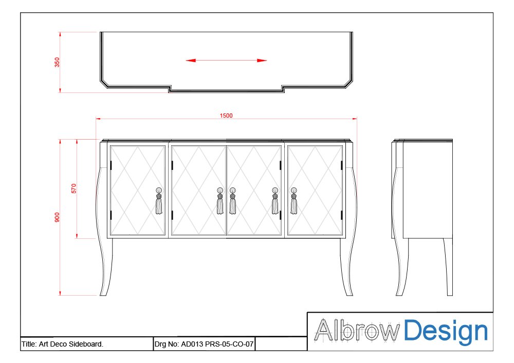 A scaled AutoCAD furniture drawing showing a bespoke 4 door Art Deco sideboard. For interior designers, joinery and furniture manufacturers and private individuals.