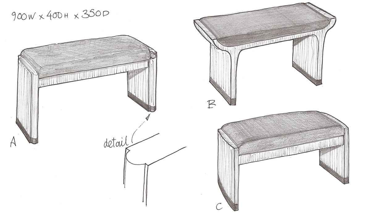 Design hand sketches for a bespoke piano stool. For interior designers, joinery and furniture manufacturers and private individuals.