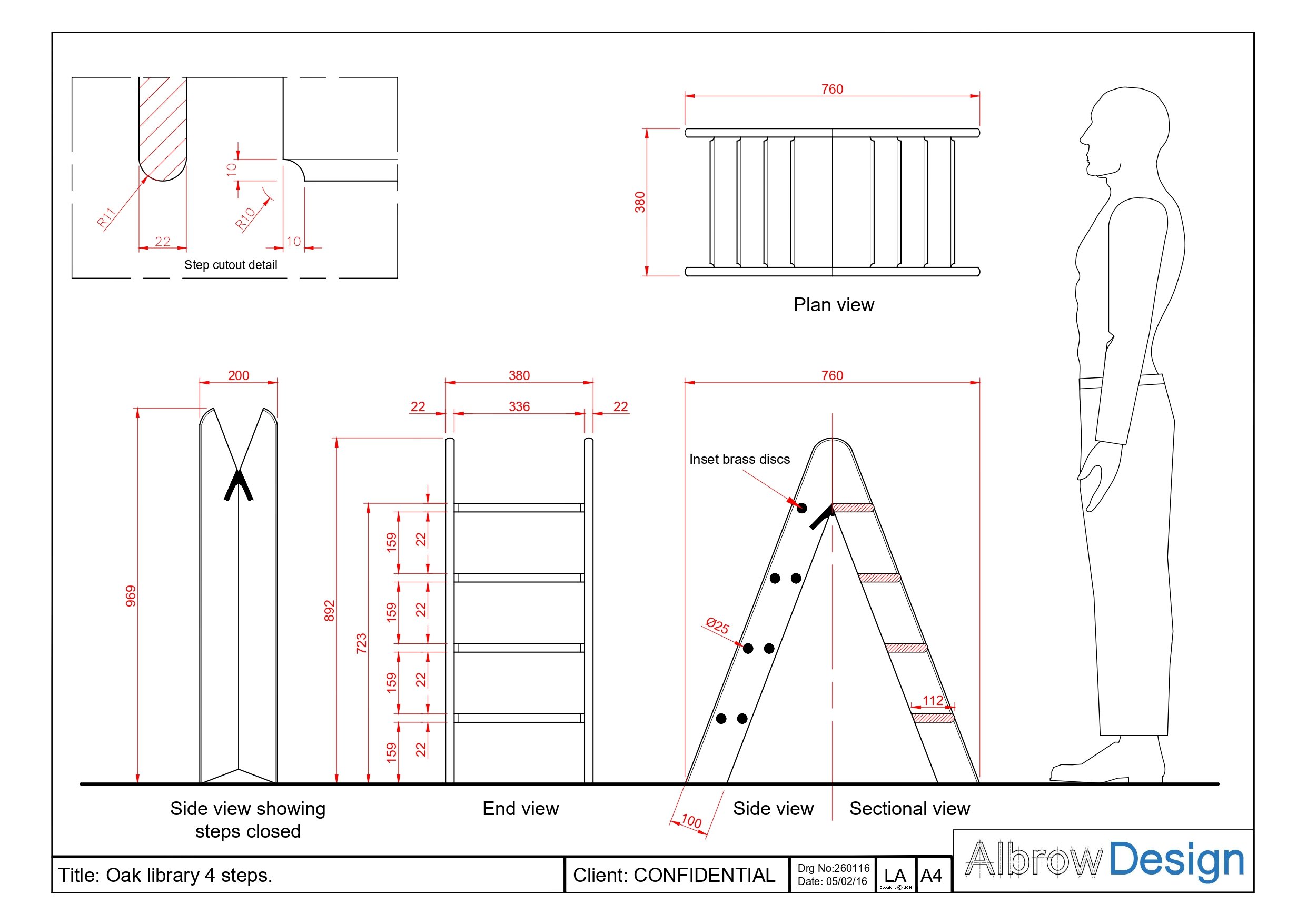 A scaled AutoCAD sign-off drawing showing a set of bespoke mahogany A steps. For interior designers, joinery and furniture manufacturers and private individuals.