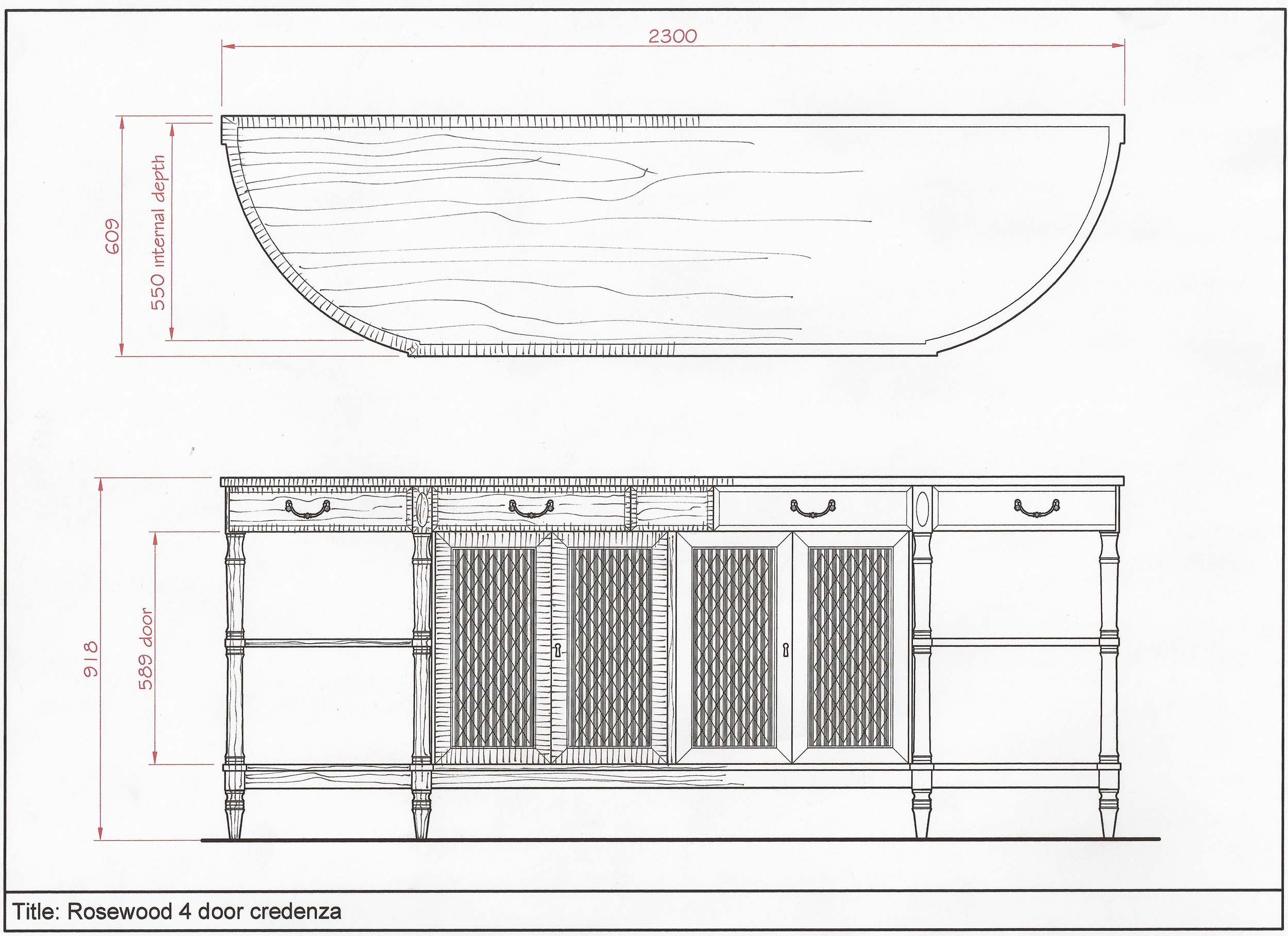 A scaled AutoCAD and hand sketched drawing of a bespoke sideboard. For interior designers, joinery and furniture manufacturers and private individuals.