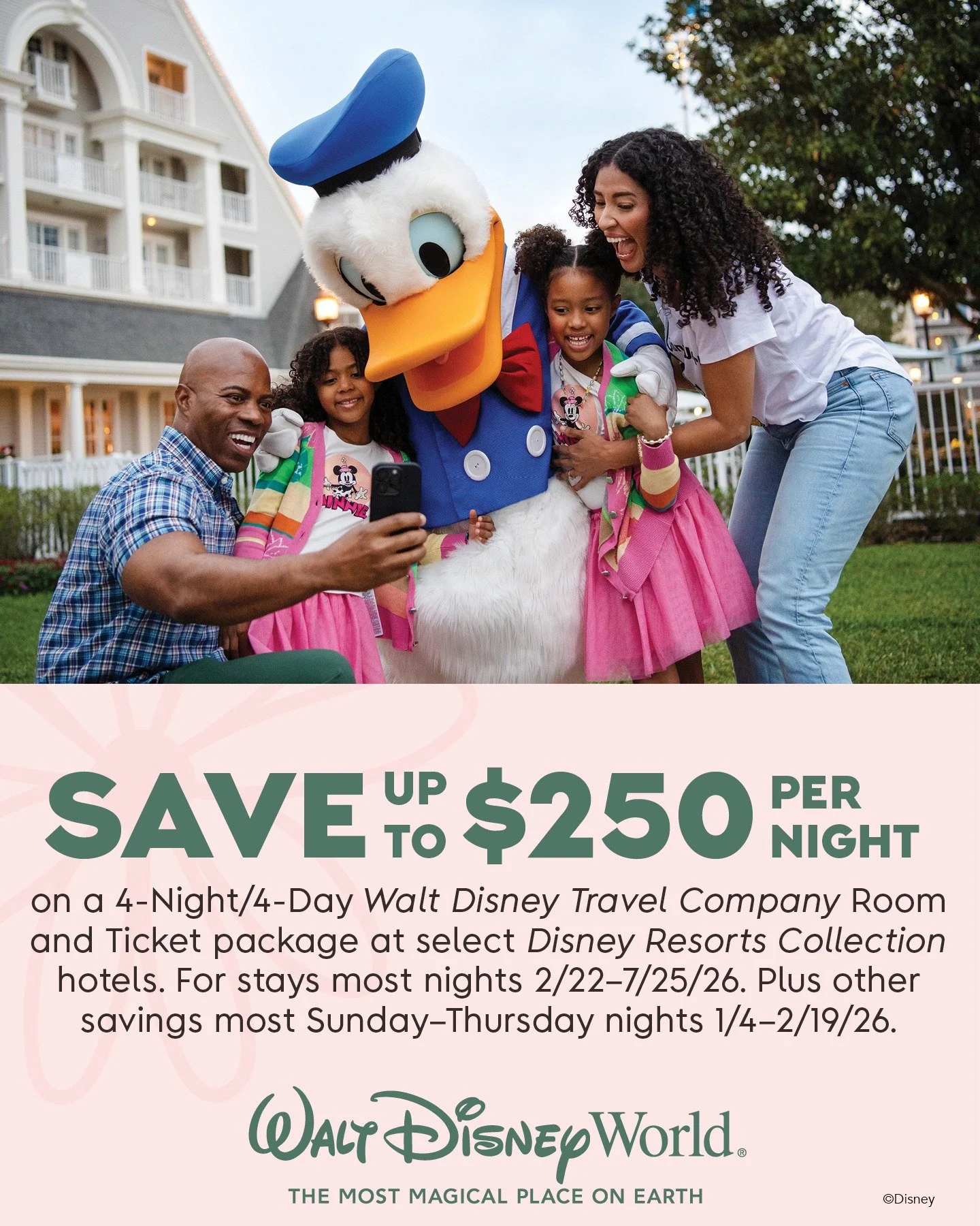 Walt Disney World Deal Alert!

If you&rsquo;ve been dreaming about a 2026 Disney vacation, now is the time to start planning. Disney just dropped one of their biggest discounts: save up to $250 per night on a 4-night (or longer) room-and-ticket packa