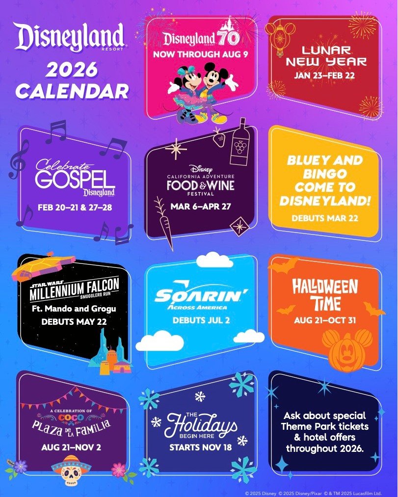 Disneyland just dropped the 2026 calendar and there is so much happening all year long. From the return of Lunar New Year to the Food and Wine Festival, Halloween Time, the Holidays, and even Bluey and Bingo making their debut, next year is packed.

