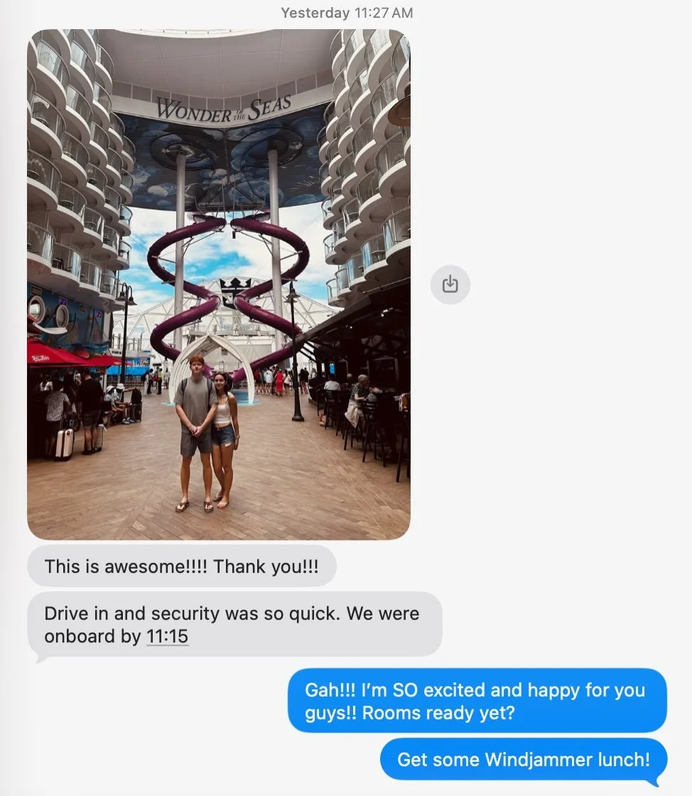 (Screenshots shared with permission!)

There is something really special about watching my friends go on a vacation that I got to help plan.

Not just because the ship is beautiful. Not just because everything went smoothly. Not even because I helped