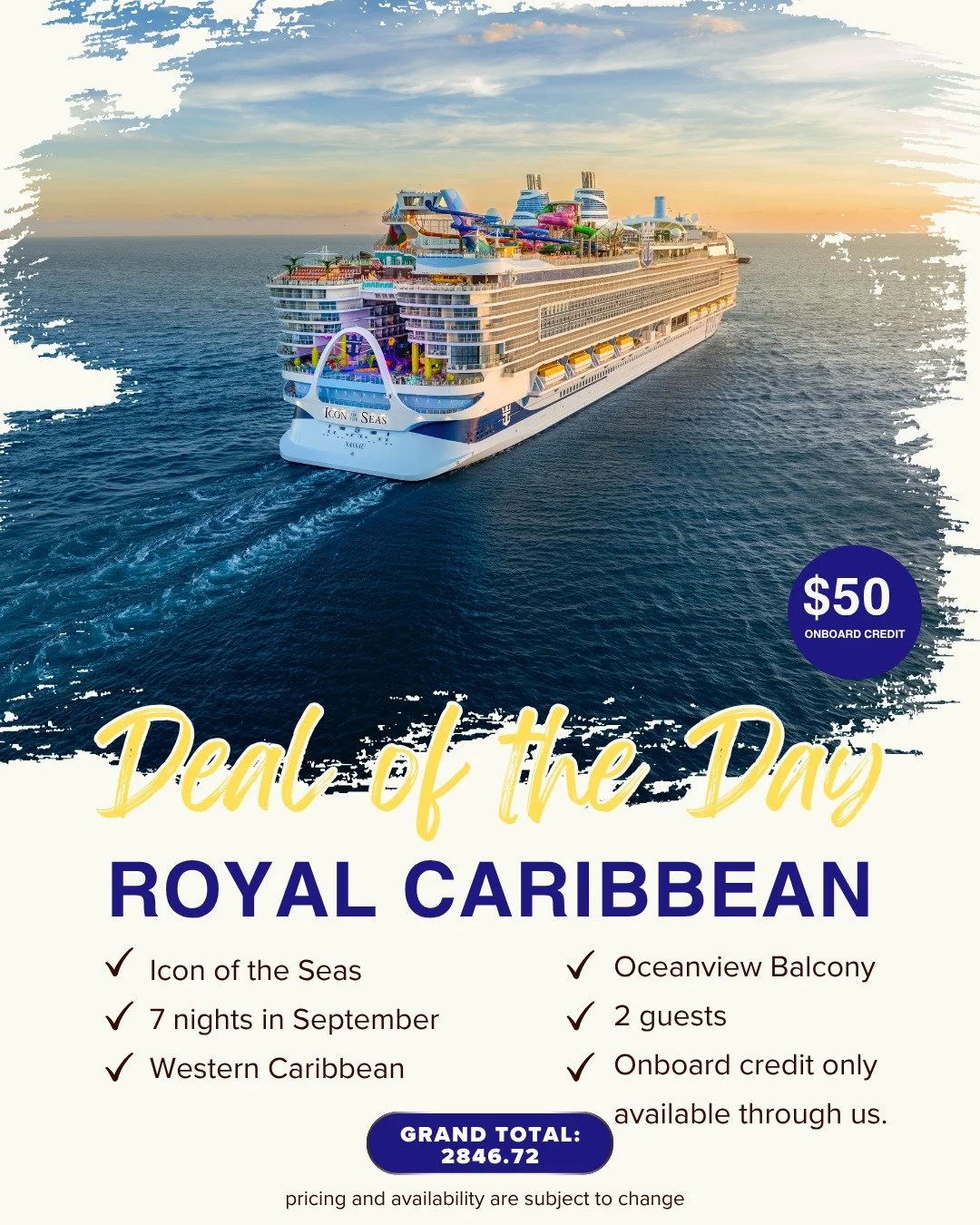 ROYAL CARIBBEAN DEAL OF THE DAY

Think booking on your own means getting the best price? Think again!

Right now I&rsquo;m seeing some really strong pricing on Icon of the Seas and it&rsquo;s not what you&rsquo;ll find on the main website.

Here&rsqu