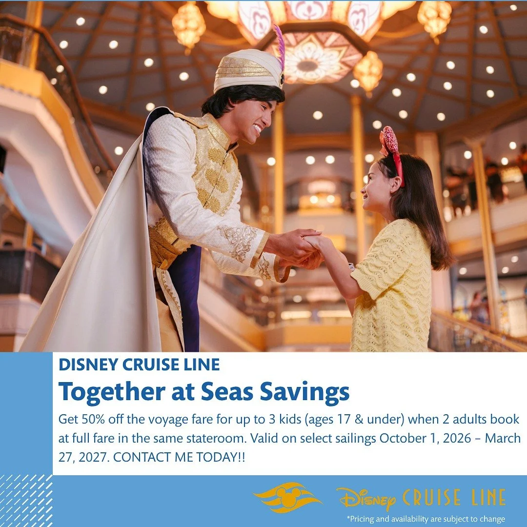 Imagine your family on the open sea, Broadway-style shows every night, and Disney characters around every corner. 🚢✨

Disney Cruise Line's Together at Seas Savings makes it more doable than you might think.

Up to 3 kids sail at 50% off when 2 adult