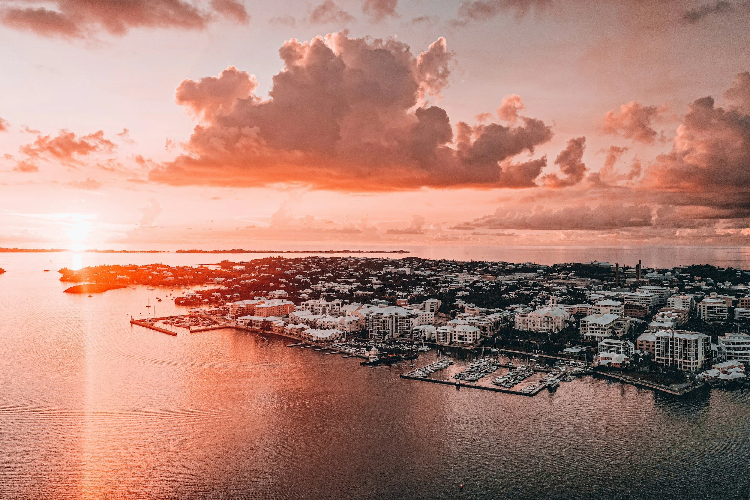 Aerial view of Bermuda's waterfront at sunrise