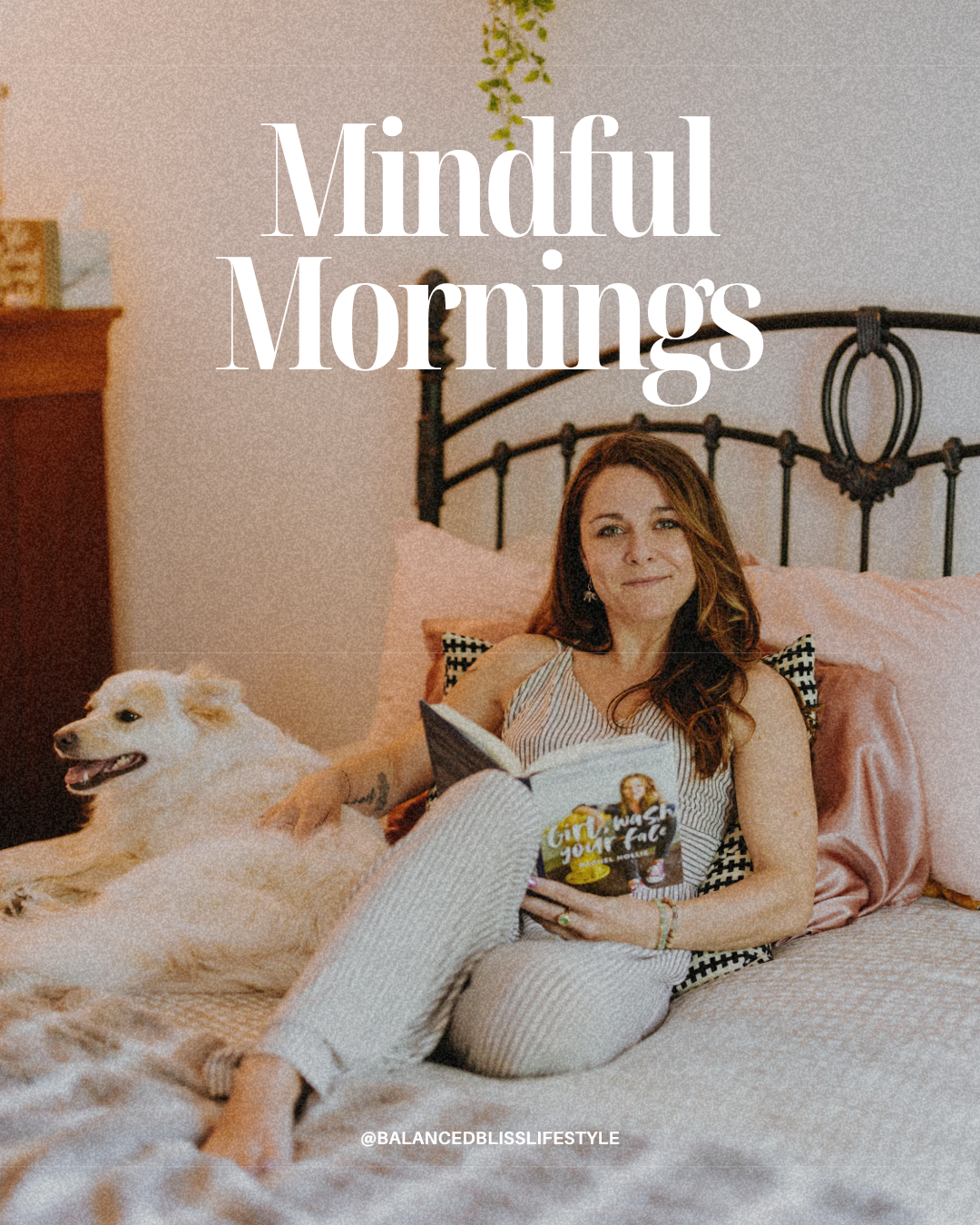 girl on bed with a book and her dog