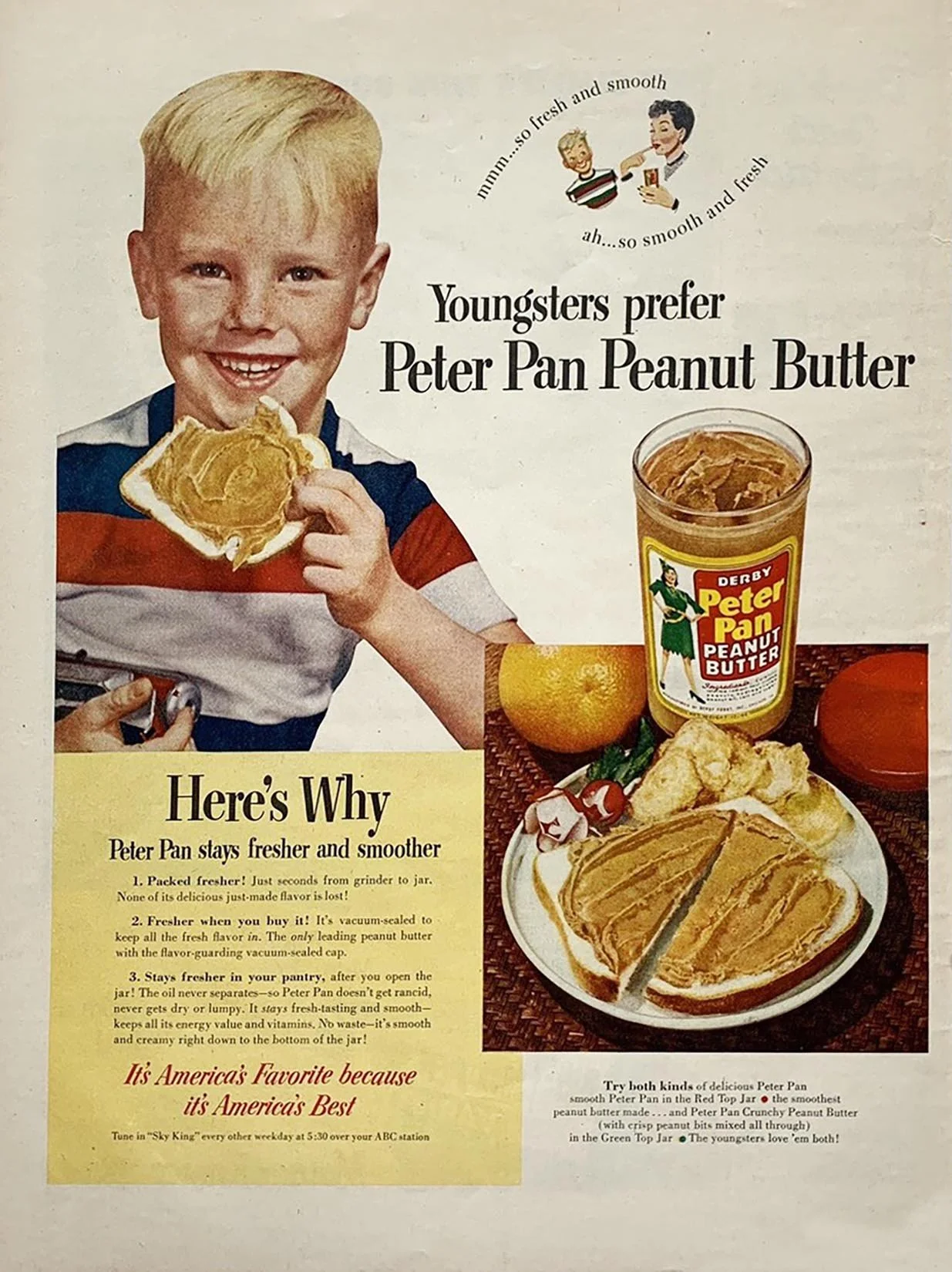 Vintage advertisement for Peter Pan Peanut Butter featuring a smiling young boy with a slice of bread with peanut butter, an image of a jar of Peter Pan Peanut Butter, and a plate with peanut butter sandwiches, oranges, and a candy cane. The text promotes the freshness of Peter Pan peanut butter and mentions its vacuum-sealed cap and long-lasting flavor.
