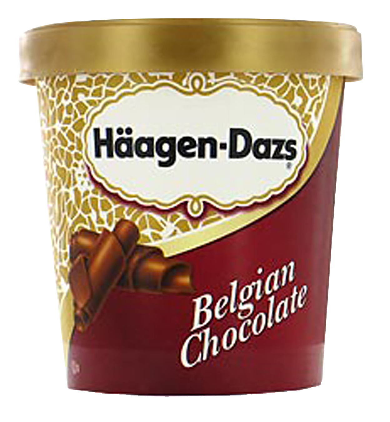 Häagen-Dazs Belgian Chocolate ice cream container with a gold lid, decorated with a gold lattice design and an image of chocolates.