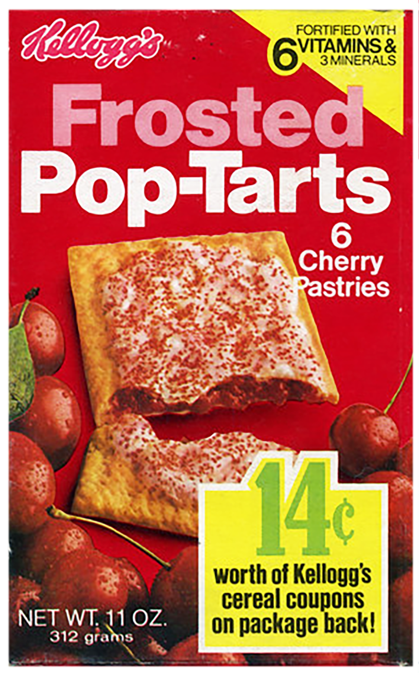 A Kellogg's Frosted Pop-Tarts package with cherry flavor, featuring a toasted pastry with cherry filling and red sprinkles, surrounded by fresh cherries, indicating 6 pastries, fortified with vitamins and minerals, costing 14 cents.